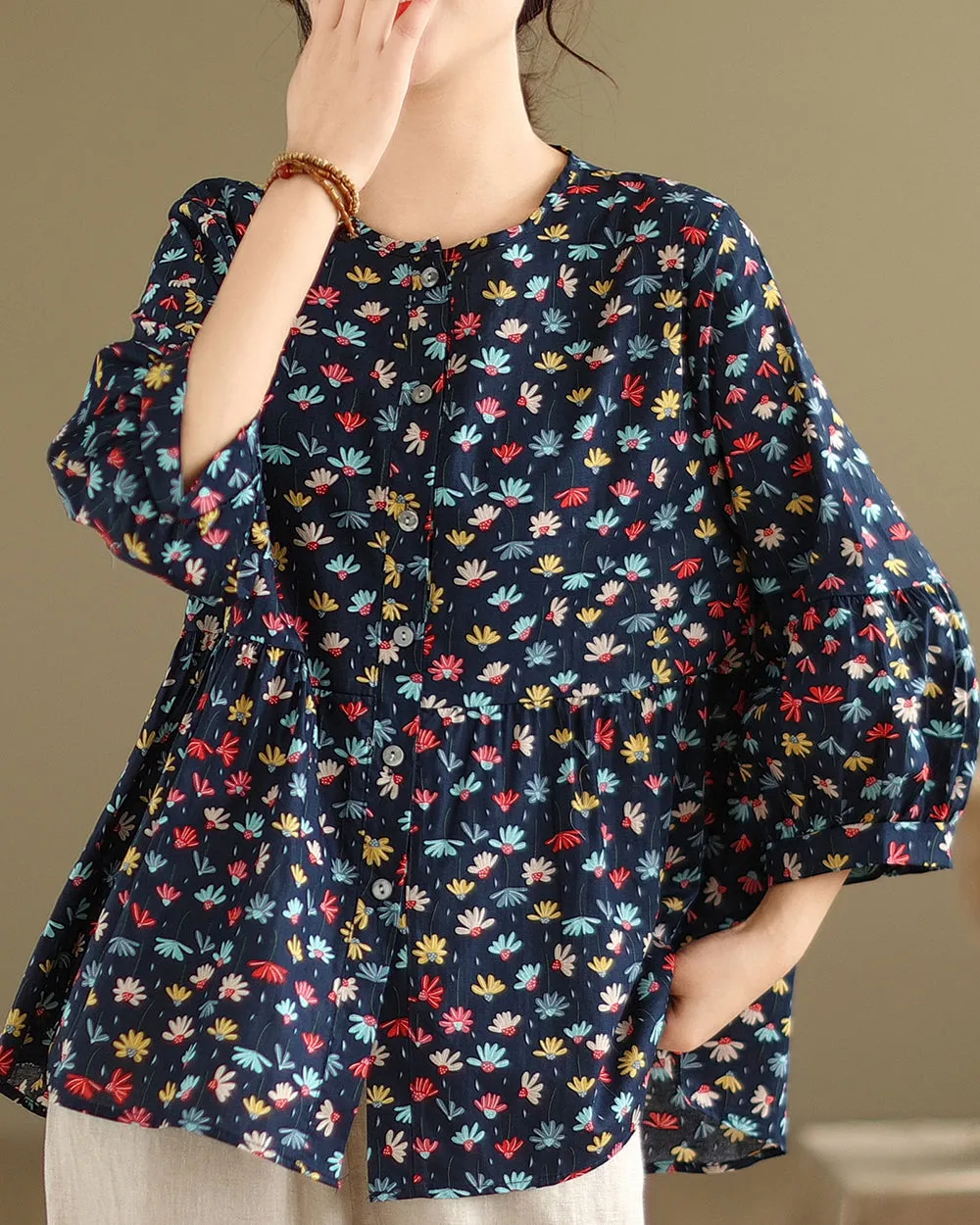 ellazhu Women's 3/4 Sleeves Crewneck Floral Print Patchwork Button Down Flowy Hem Shirt GA2727