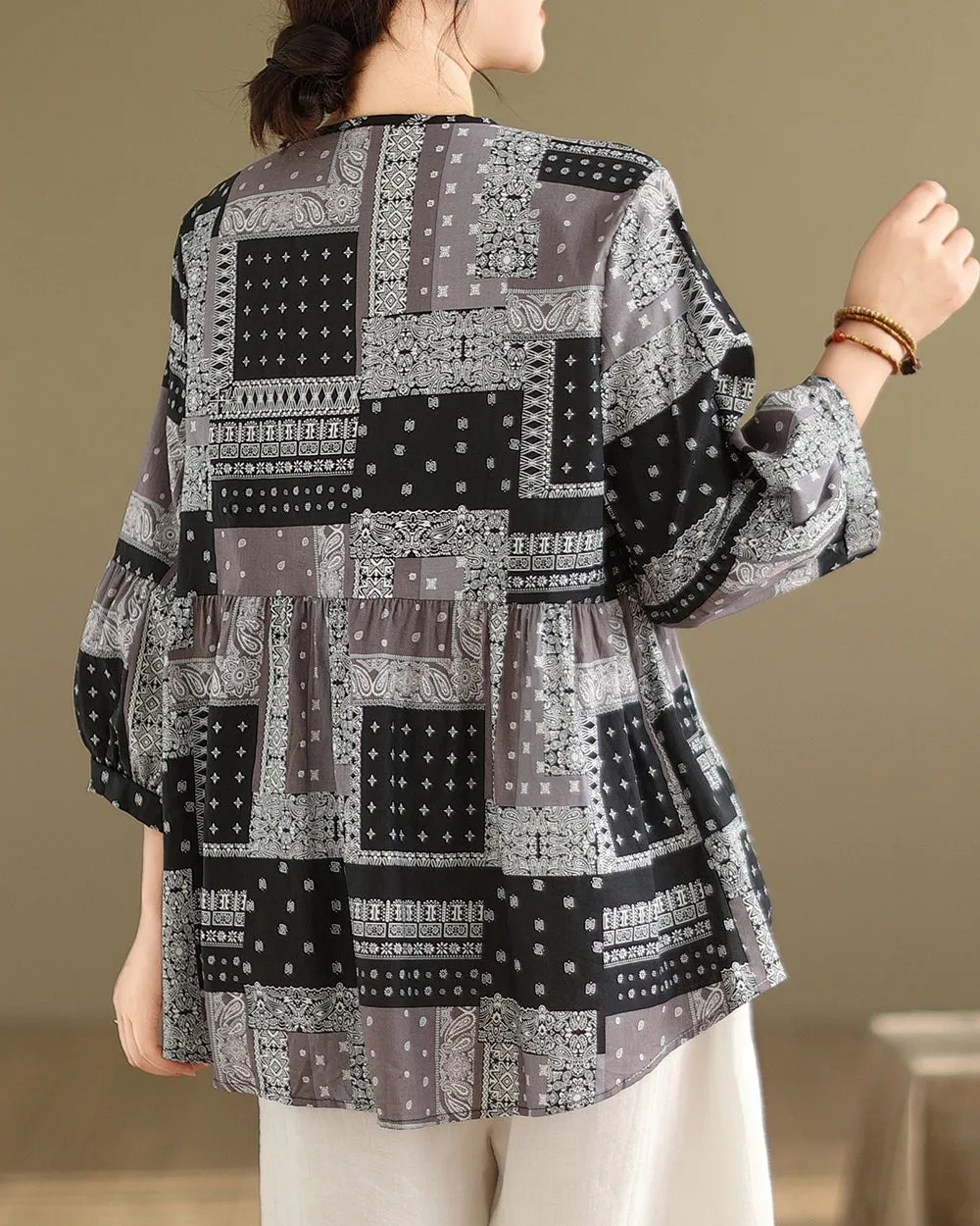 ellazhu Women's 3/4 Sleeves Crewneck Floral Print Patchwork Button Down Flowy Hem Shirt GA2727