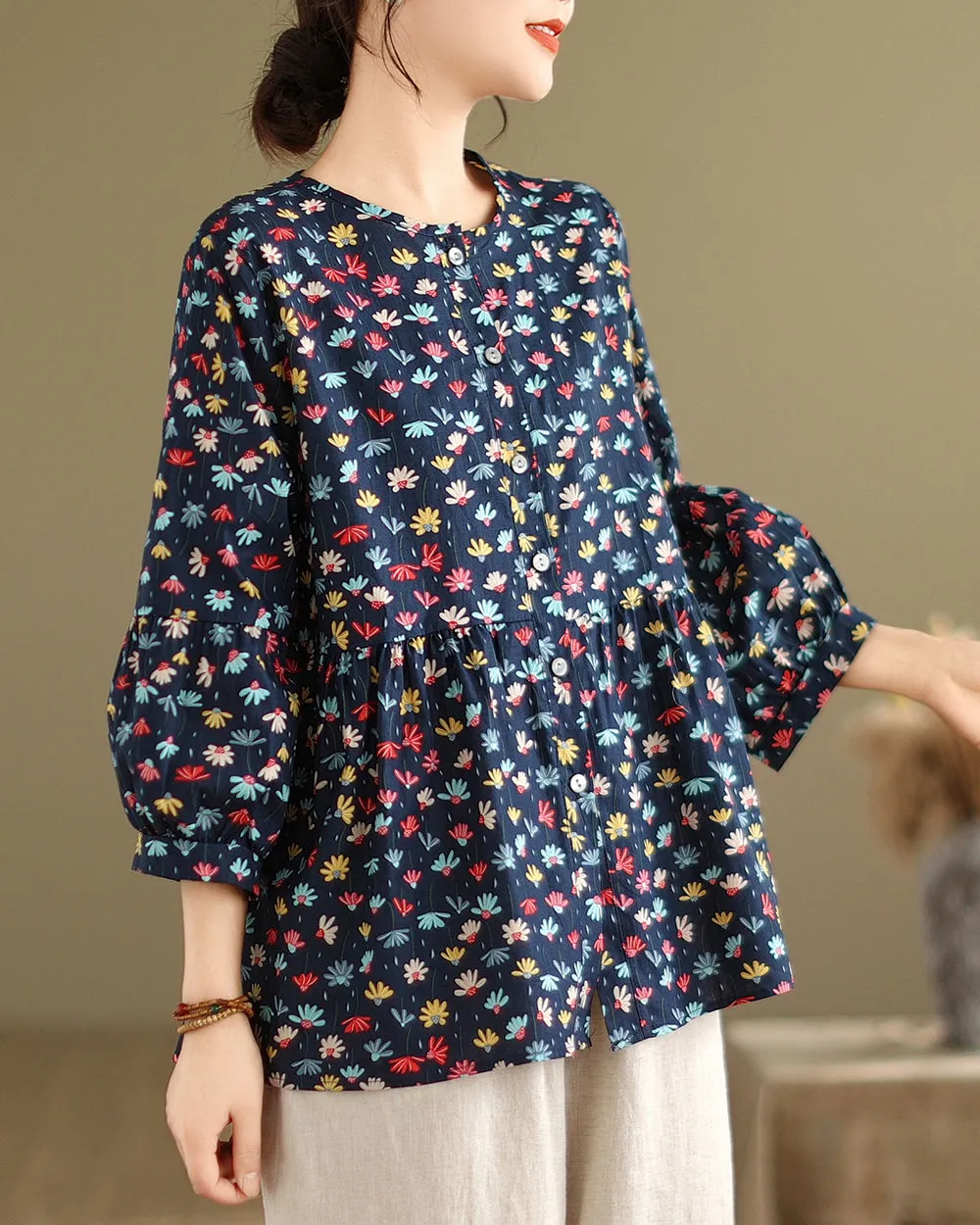 ellazhu Women's 3/4 Sleeves Crewneck Floral Print Patchwork Button Down Flowy Hem Shirt GA2727