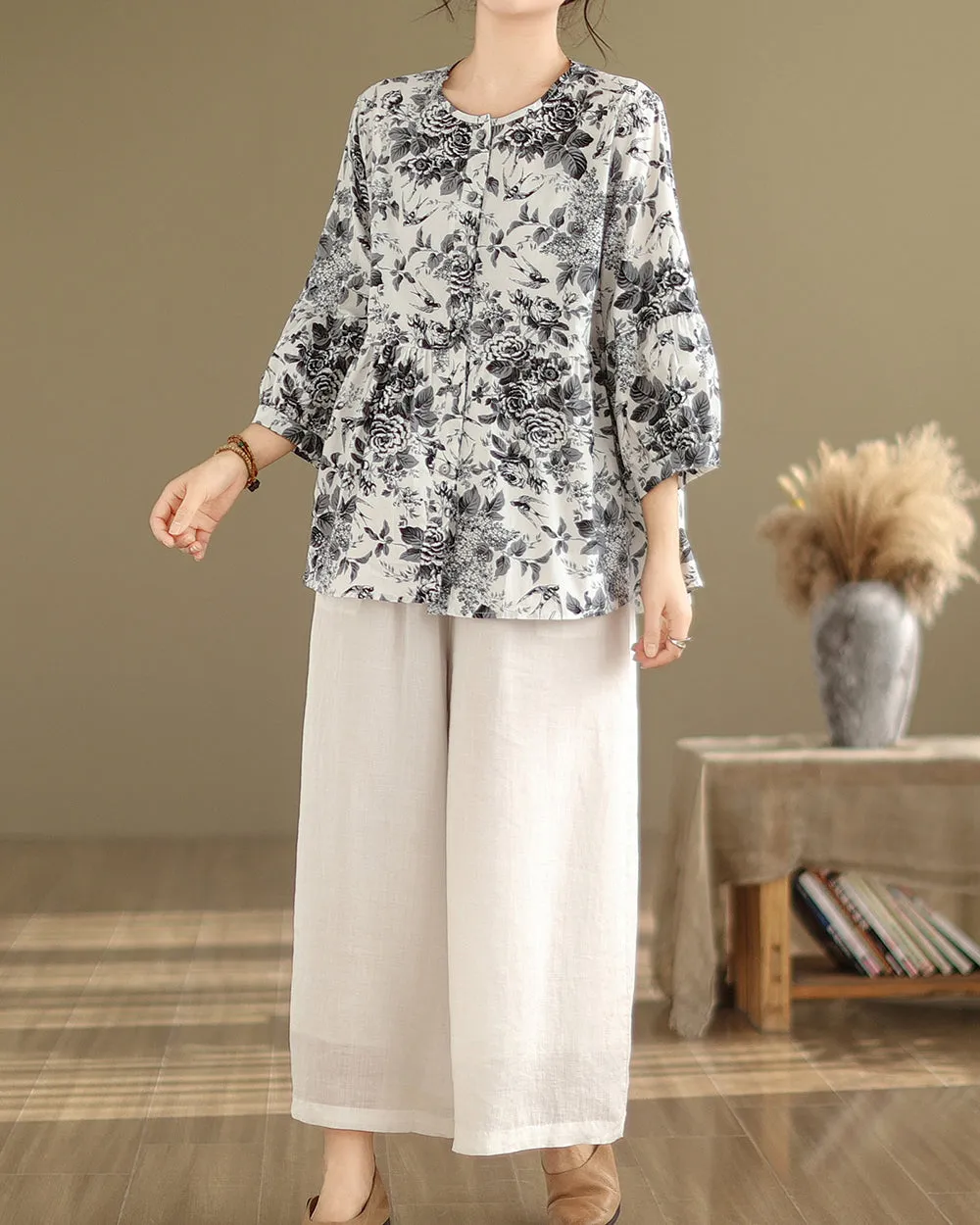 ellazhu Women's 3/4 Sleeves Crewneck Floral Print Patchwork Button Down Flowy Hem Shirt GA2727