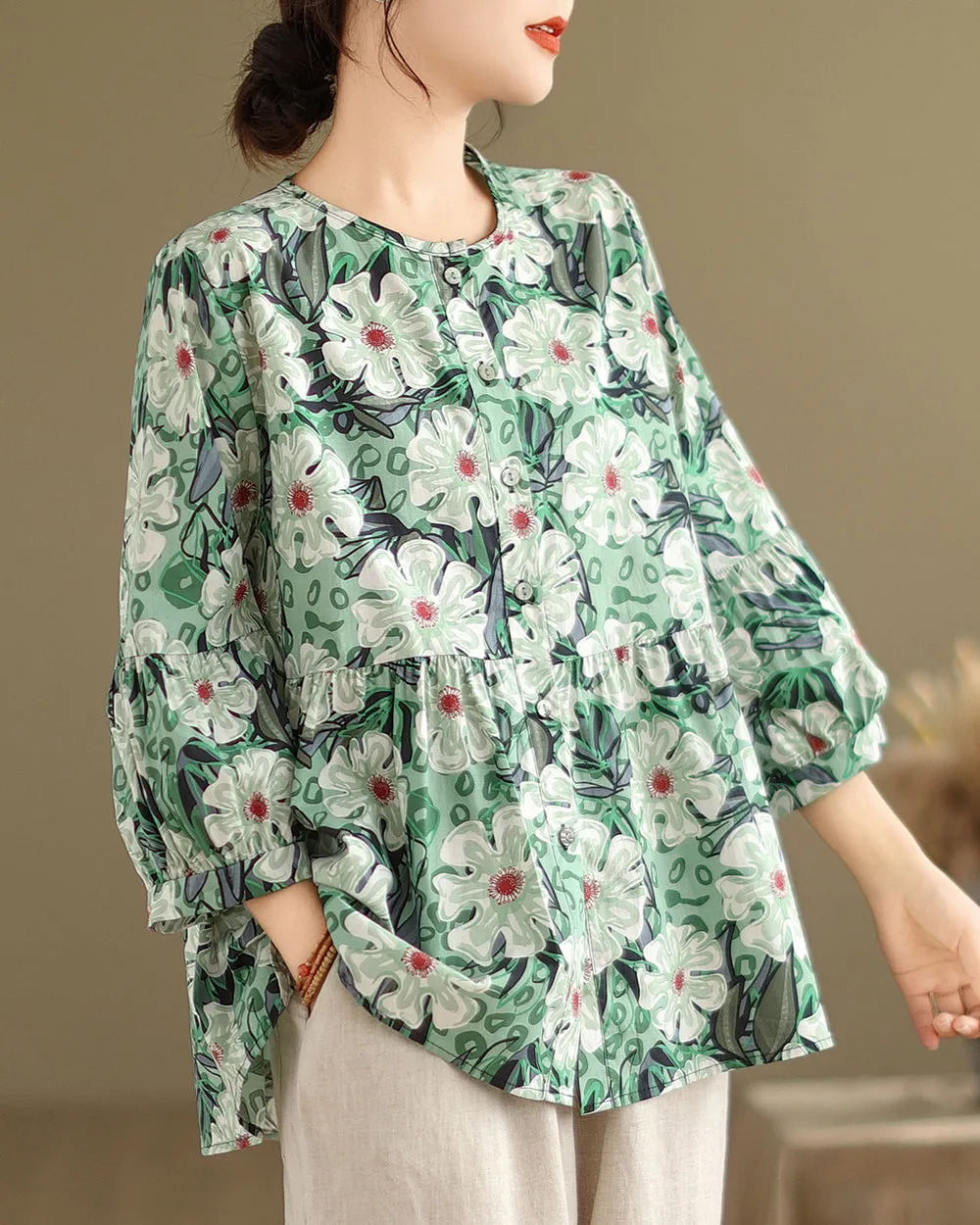 ellazhu Women's 3/4 Sleeves Crewneck Floral Print Patchwork Button Down Flowy Hem Shirt GA2727