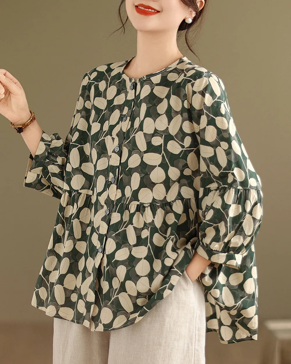 ellazhu Women's 3/4 Sleeves Crewneck Floral Print Patchwork Button Down Flowy Hem Shirt GA2727