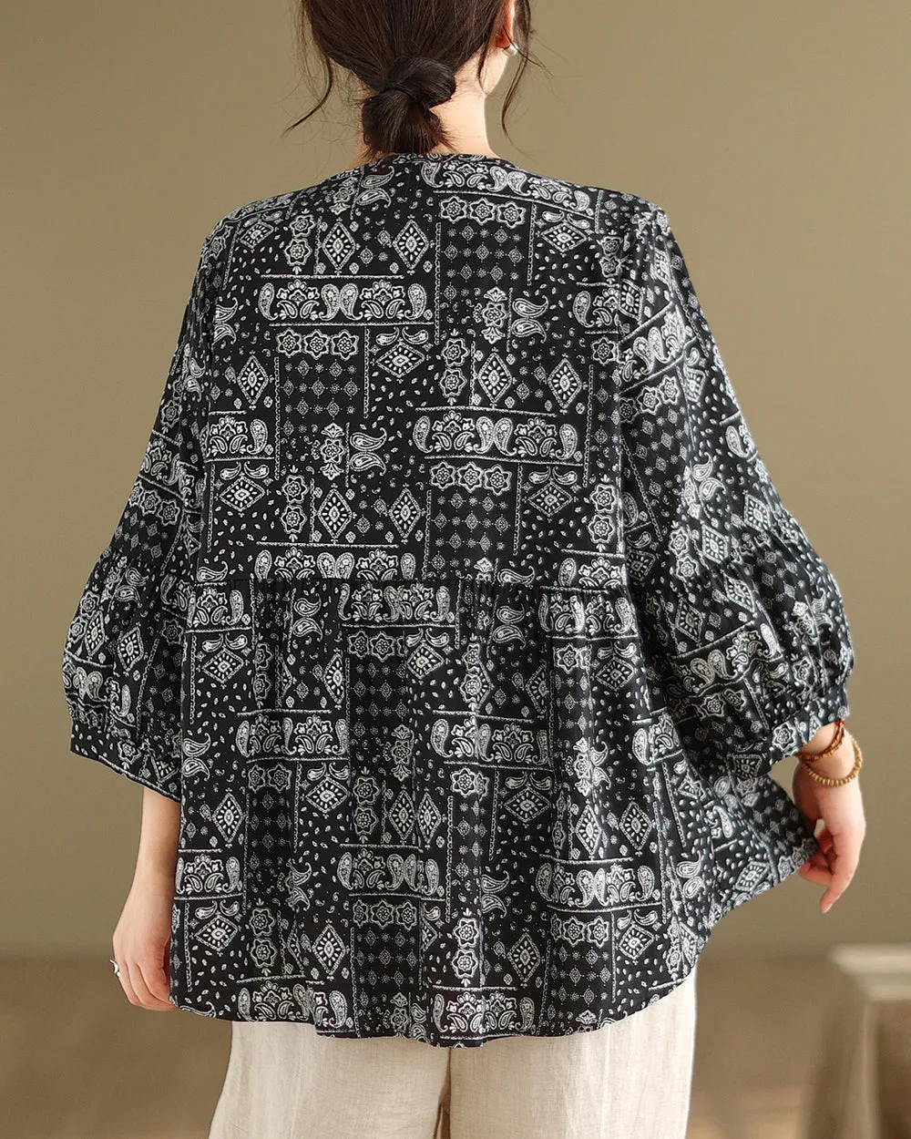 ellazhu Women's 3/4 Sleeves Crewneck Floral Print Patchwork Button Down Flowy Hem Shirt GA2727