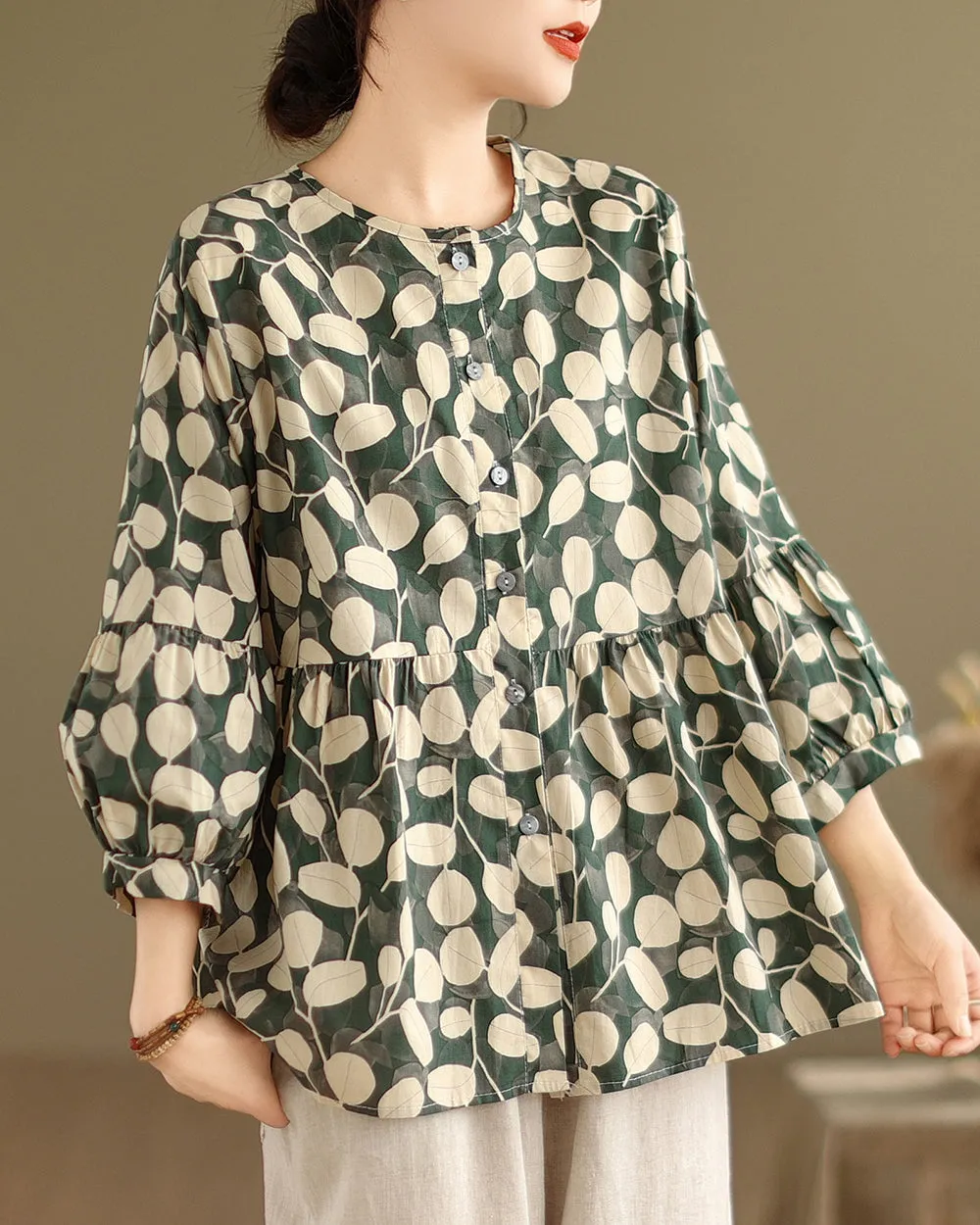 ellazhu Women's 3/4 Sleeves Crewneck Floral Print Patchwork Button Down Flowy Hem Shirt GA2727