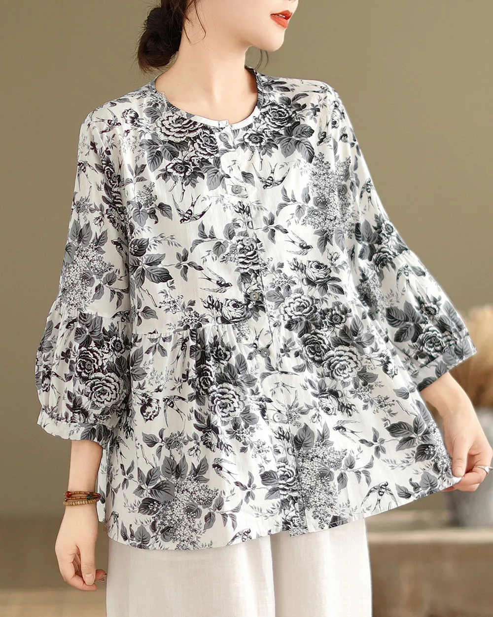 ellazhu Women's 3/4 Sleeves Crewneck Floral Print Patchwork Button Down Flowy Hem Shirt GA2727