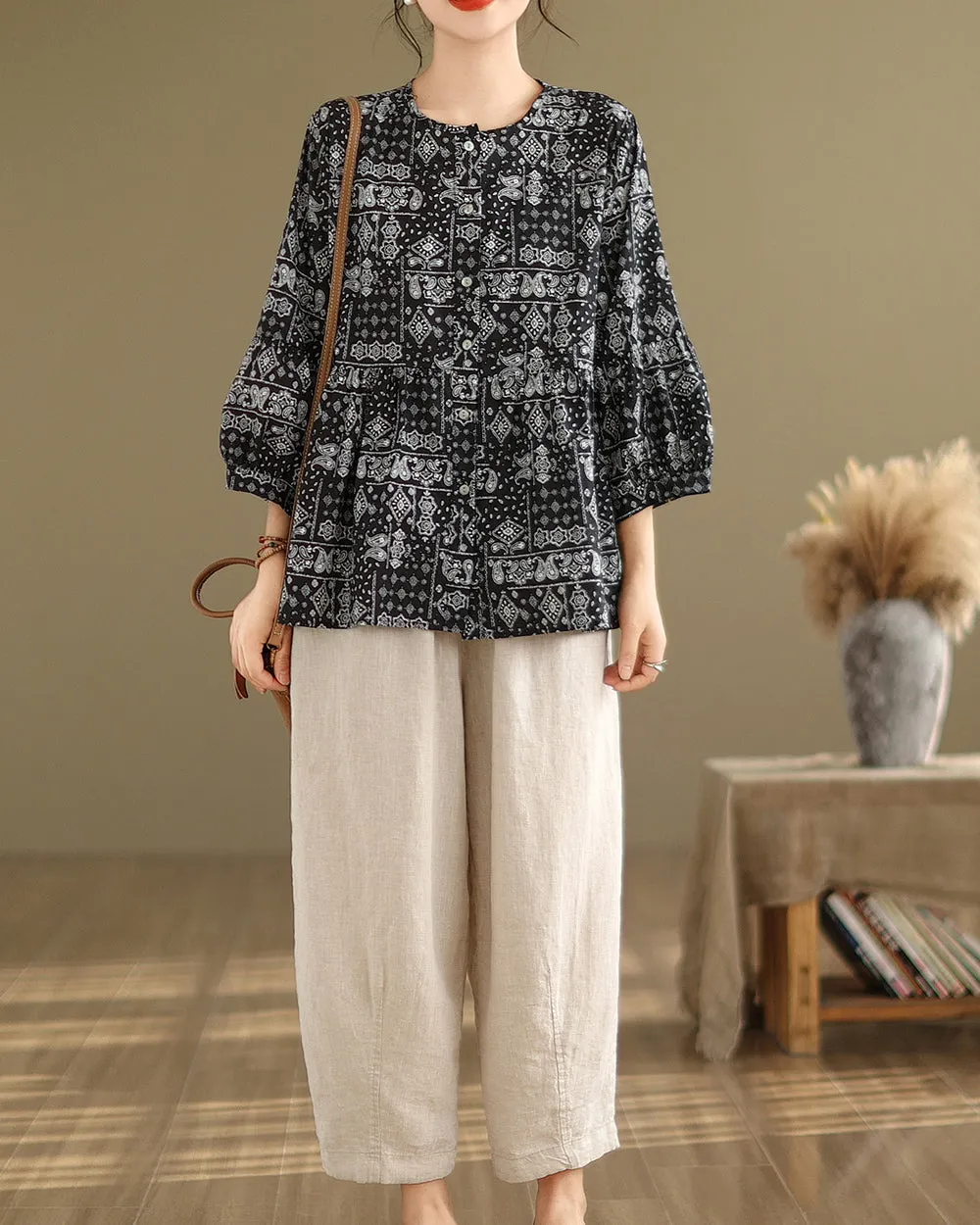 ellazhu Women's 3/4 Sleeves Crewneck Floral Print Patchwork Button Down Flowy Hem Shirt GA2727