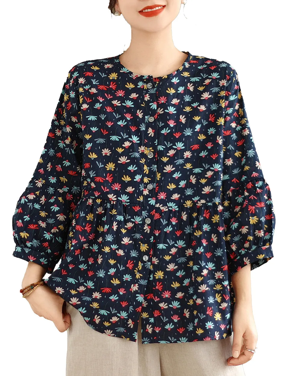 ellazhu Women's 3/4 Sleeves Crewneck Floral Print Patchwork Button Down Flowy Hem Shirt GA2727