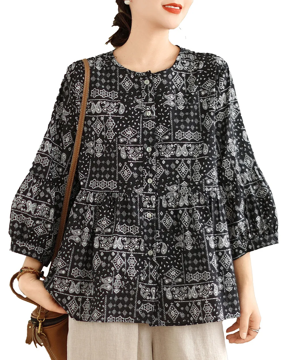 ellazhu Women's 3/4 Sleeves Crewneck Floral Print Patchwork Button Down Flowy Hem Shirt GA2727