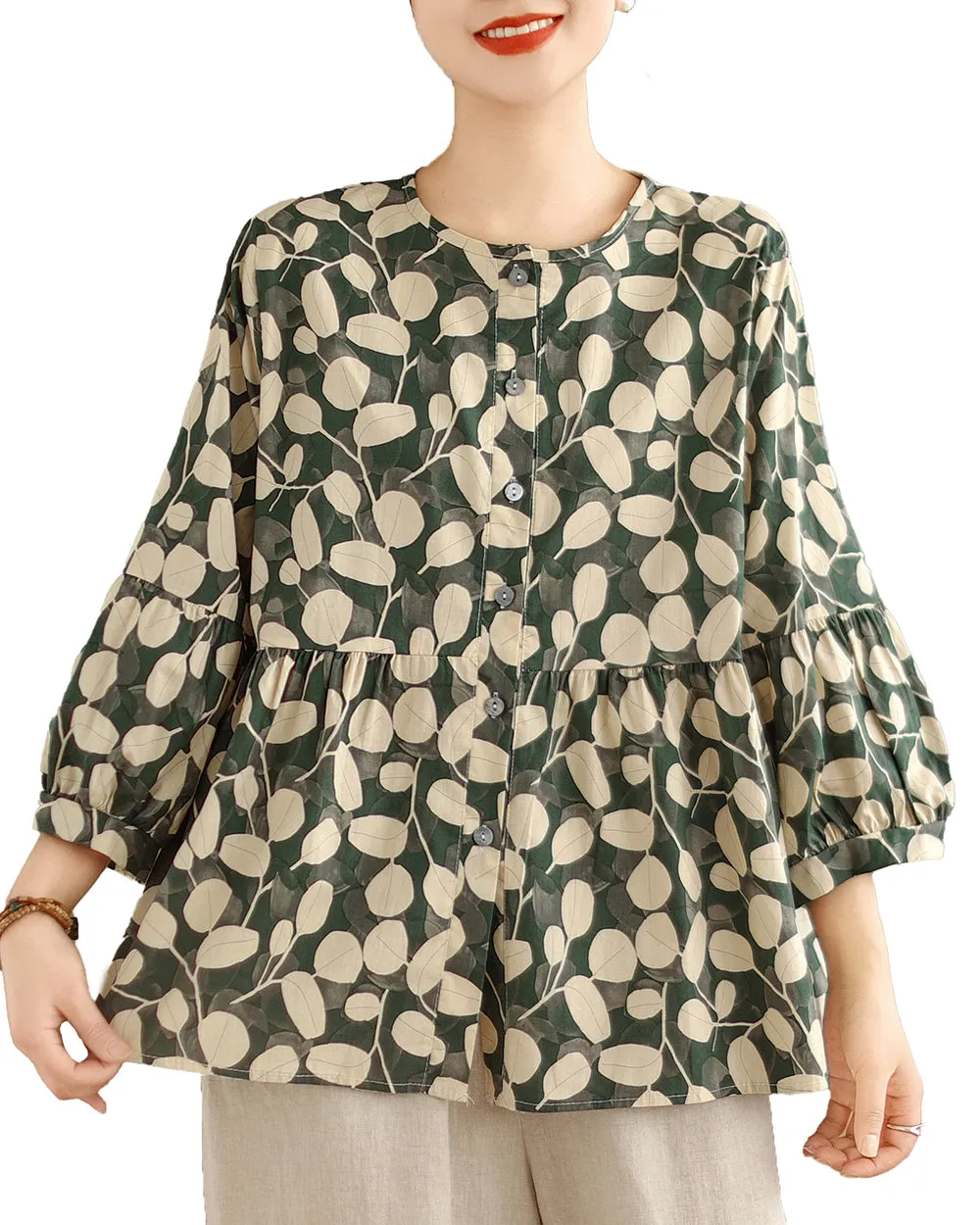 ellazhu Women's 3/4 Sleeves Crewneck Floral Print Patchwork Button Down Flowy Hem Shirt GA2727