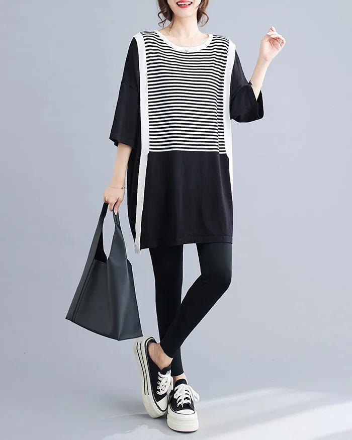 ellazhu Women's Half Sleeves Crewneck Stripe Patchwork Casual T-Shirt Dress GA2733 A