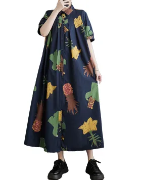 ellazhu Women's Short Sleeves Button Down Pattern Print Shirt Dress GZ161