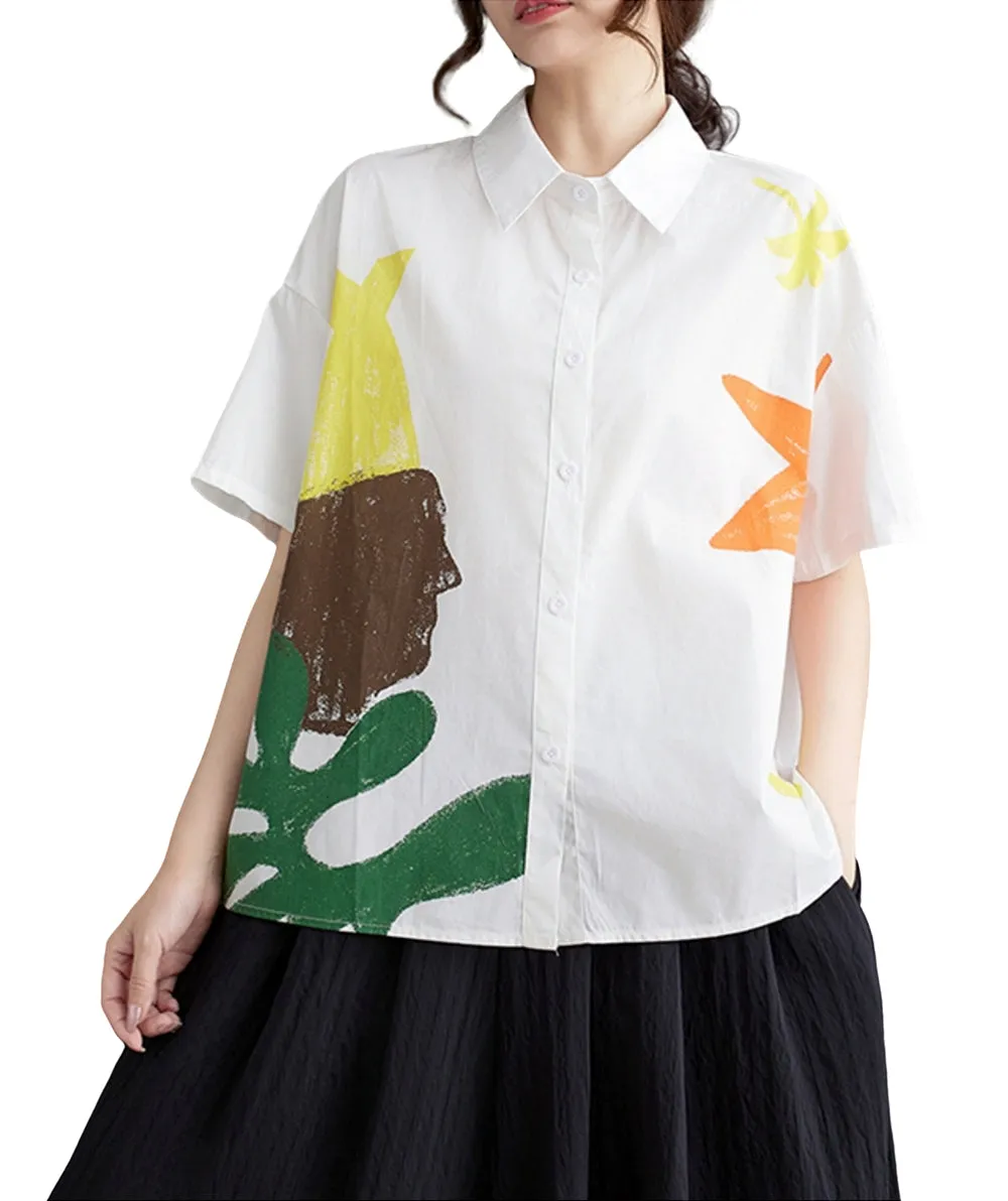 ellazhu Women's Short Sleeves Floral Print Button Down Shirt T-Shirt GZ189