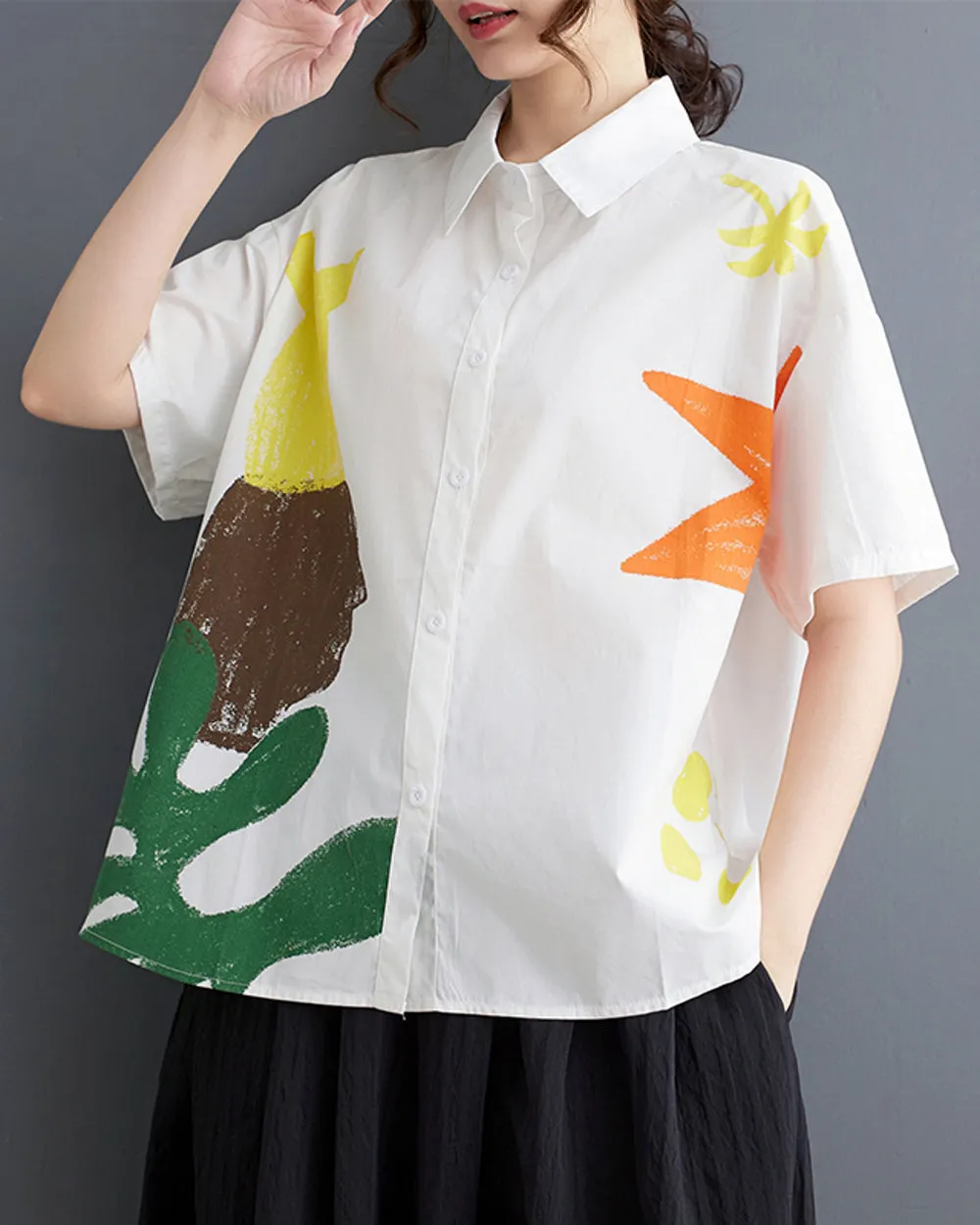ellazhu Women's Short Sleeves Floral Print Button Down Shirt T-Shirt GZ189