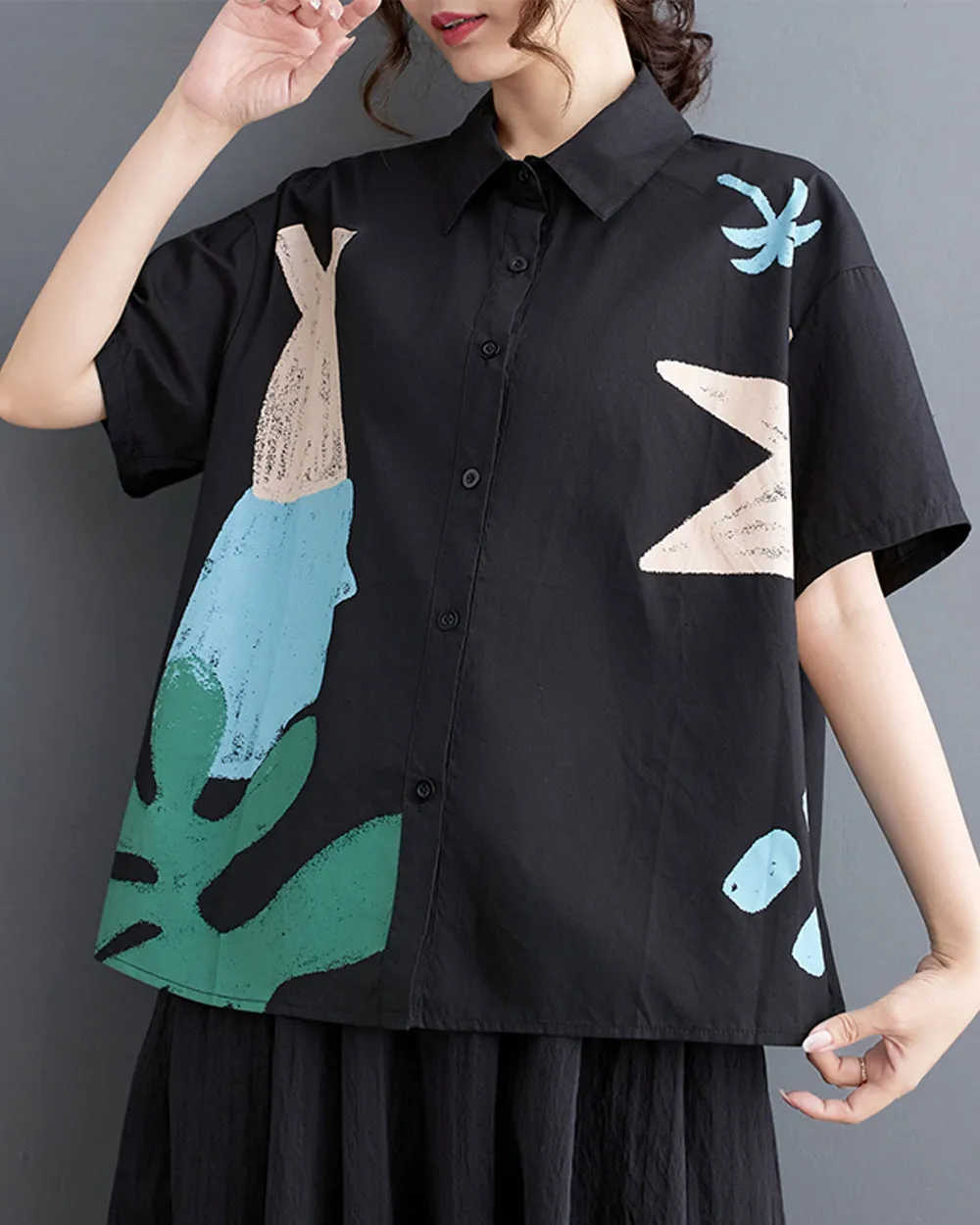 ellazhu Women's Short Sleeves Floral Print Button Down Shirt T-Shirt GZ189