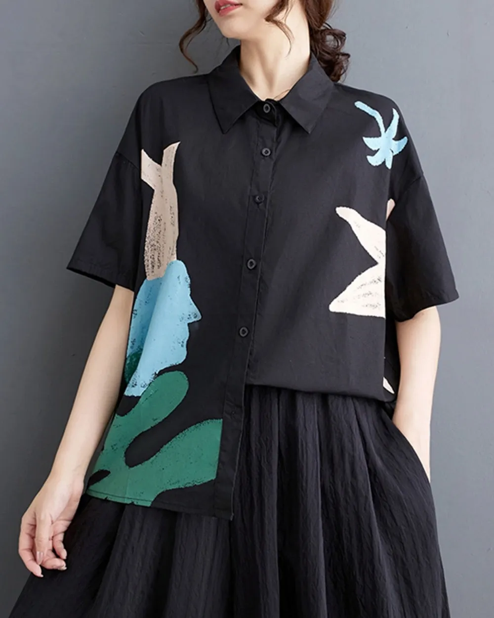 ellazhu Women's Short Sleeves Floral Print Button Down Shirt T-Shirt GZ189