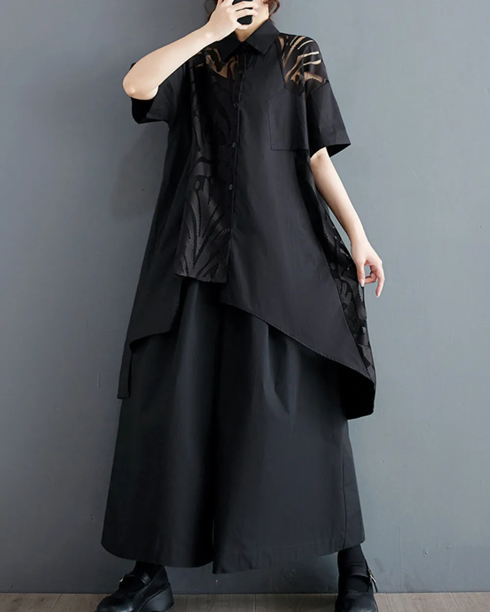ellazhu Women's Short Sleeves High Low Irregular Hem Lace Patchwork Shirt Dress GZ168 Black