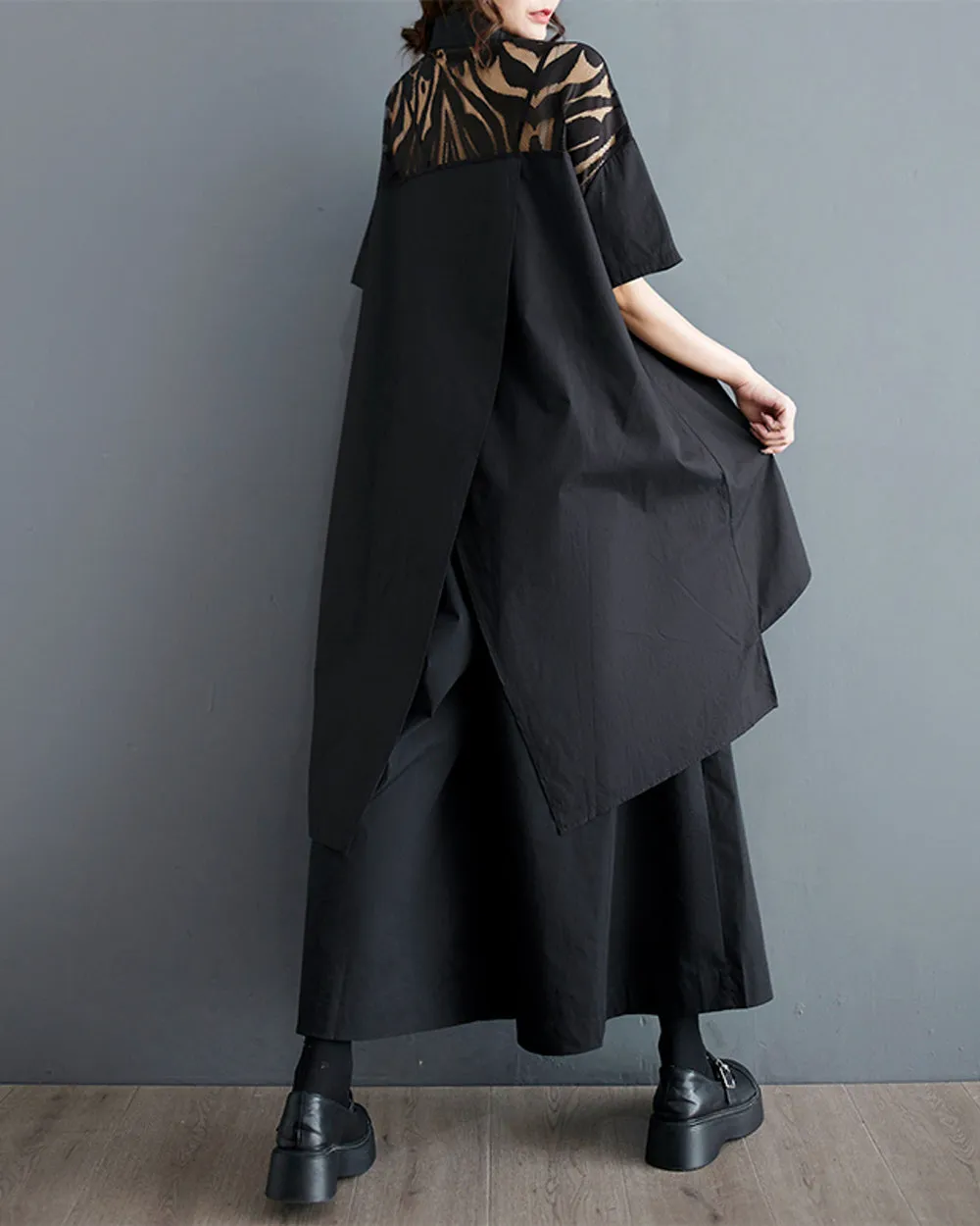 ellazhu Women's Short Sleeves High Low Irregular Hem Lace Patchwork Shirt Dress GZ168 Black