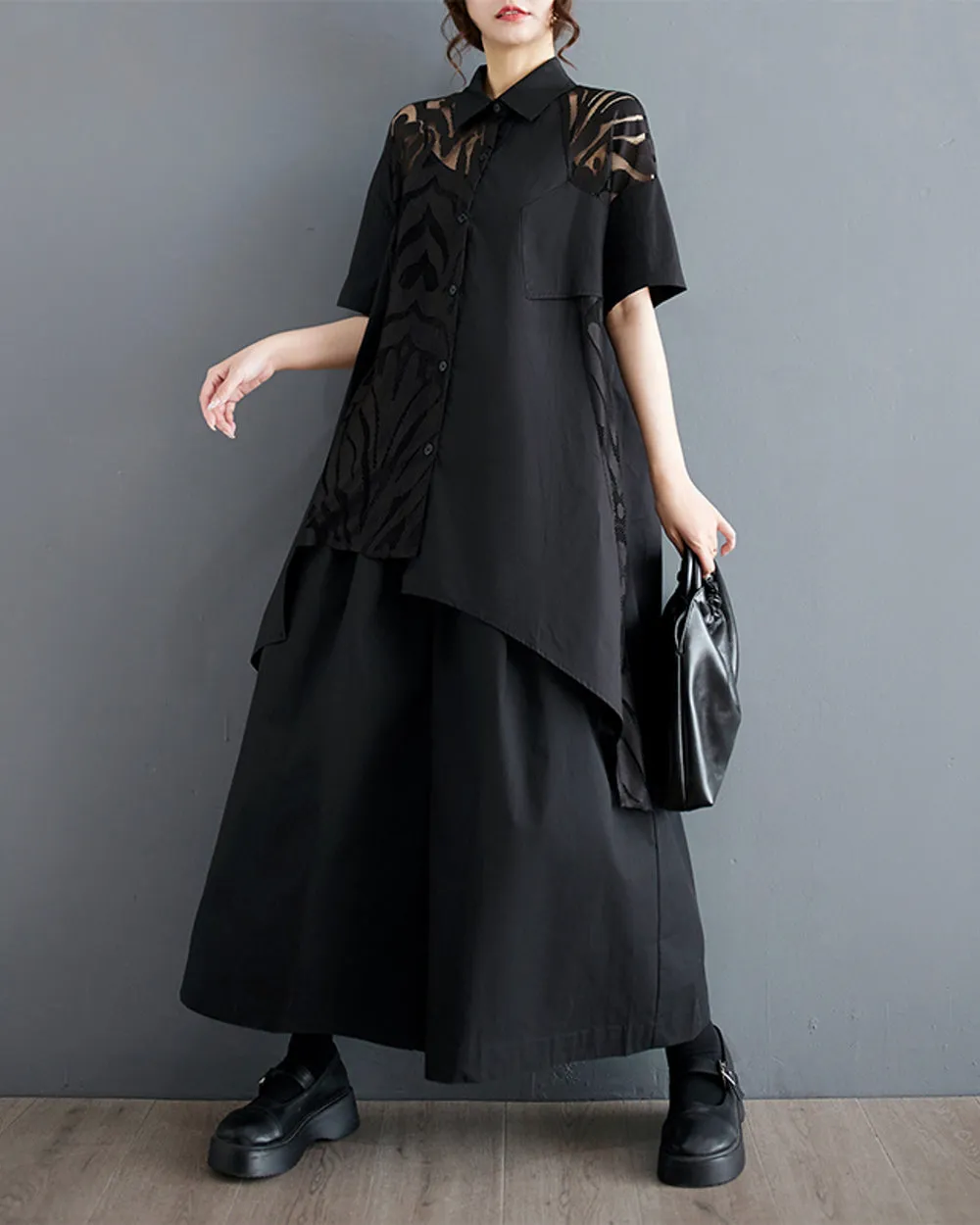 ellazhu Women's Short Sleeves High Low Irregular Hem Lace Patchwork Shirt Dress GZ168 Black