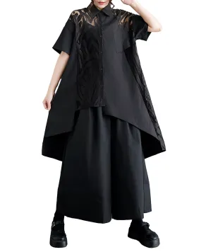 ellazhu Women's Short Sleeves High Low Irregular Hem Lace Patchwork Shirt Dress GZ168 Black