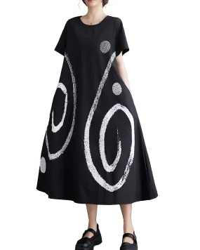 ellazhu Women's Short Sleeves Maxi Length Pattern Print Casual Shirt Dress GZ172