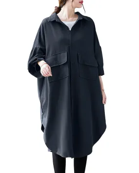 ellazhu Women's Solid Color Button Down Irregular Hem Side Slit Oversized Shirt Dress GZ120 Black
