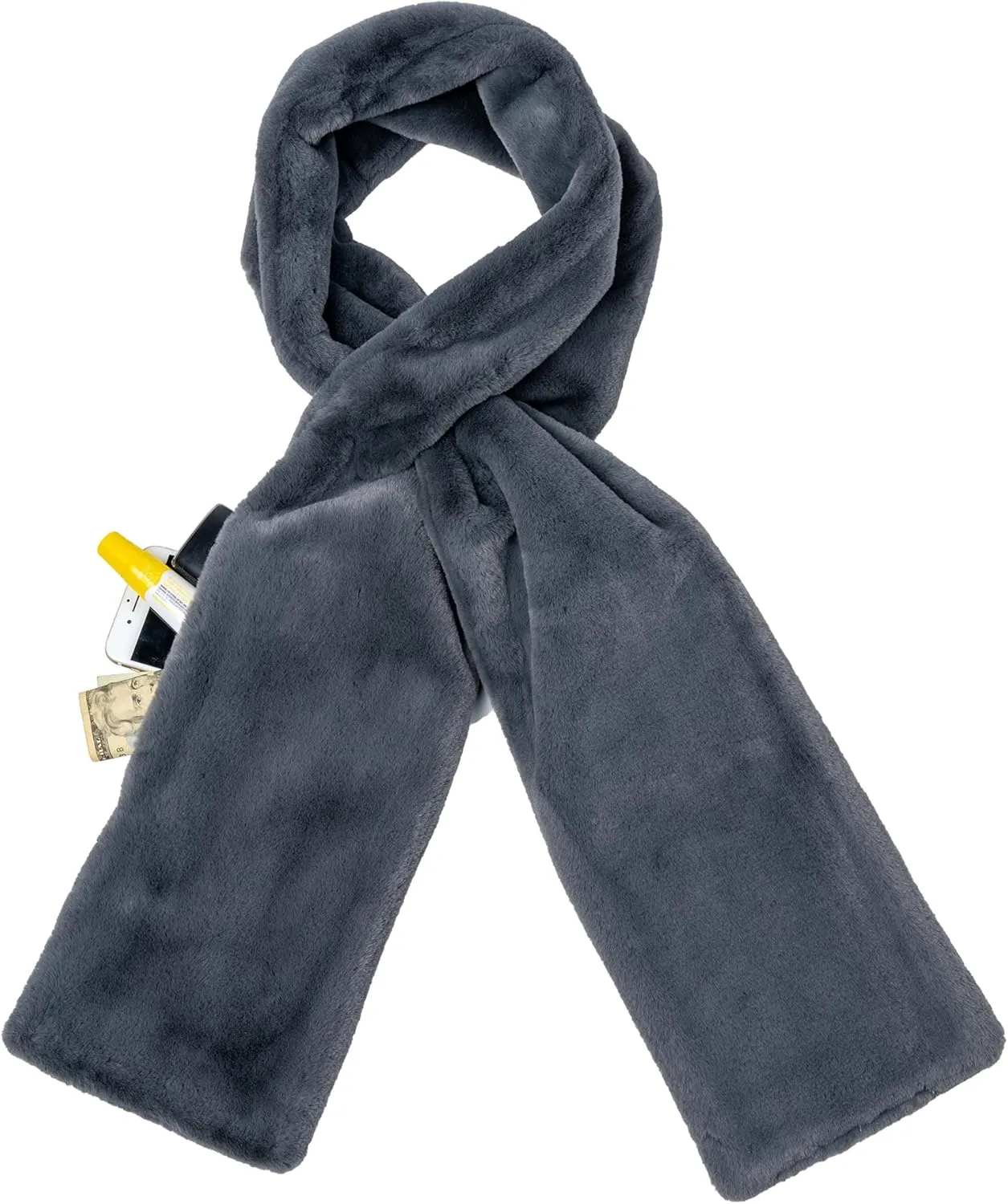Faux Fur Scarf With Hidden Zipper Pocket For Cell Phone and Valuables