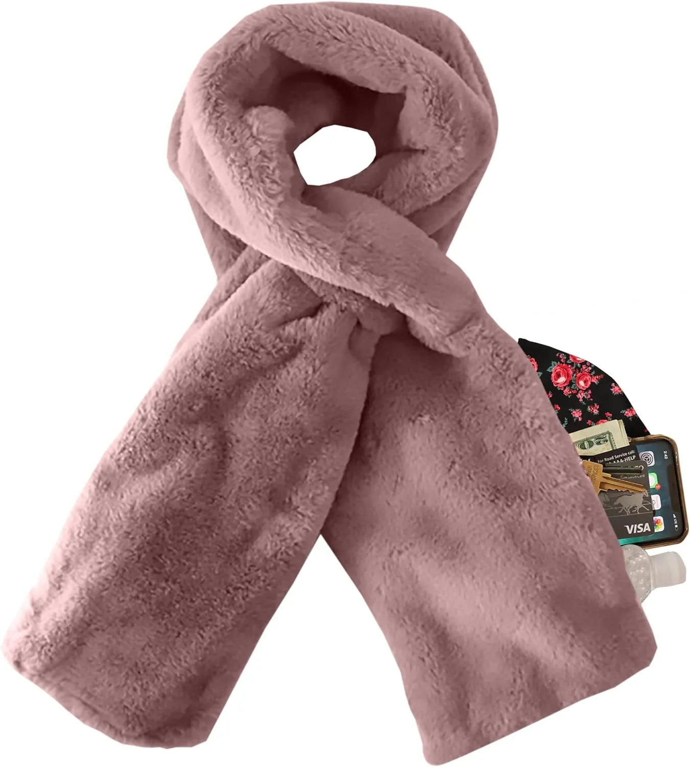 Faux Fur Scarf With Hidden Zipper Pocket For Cell Phone and Valuables