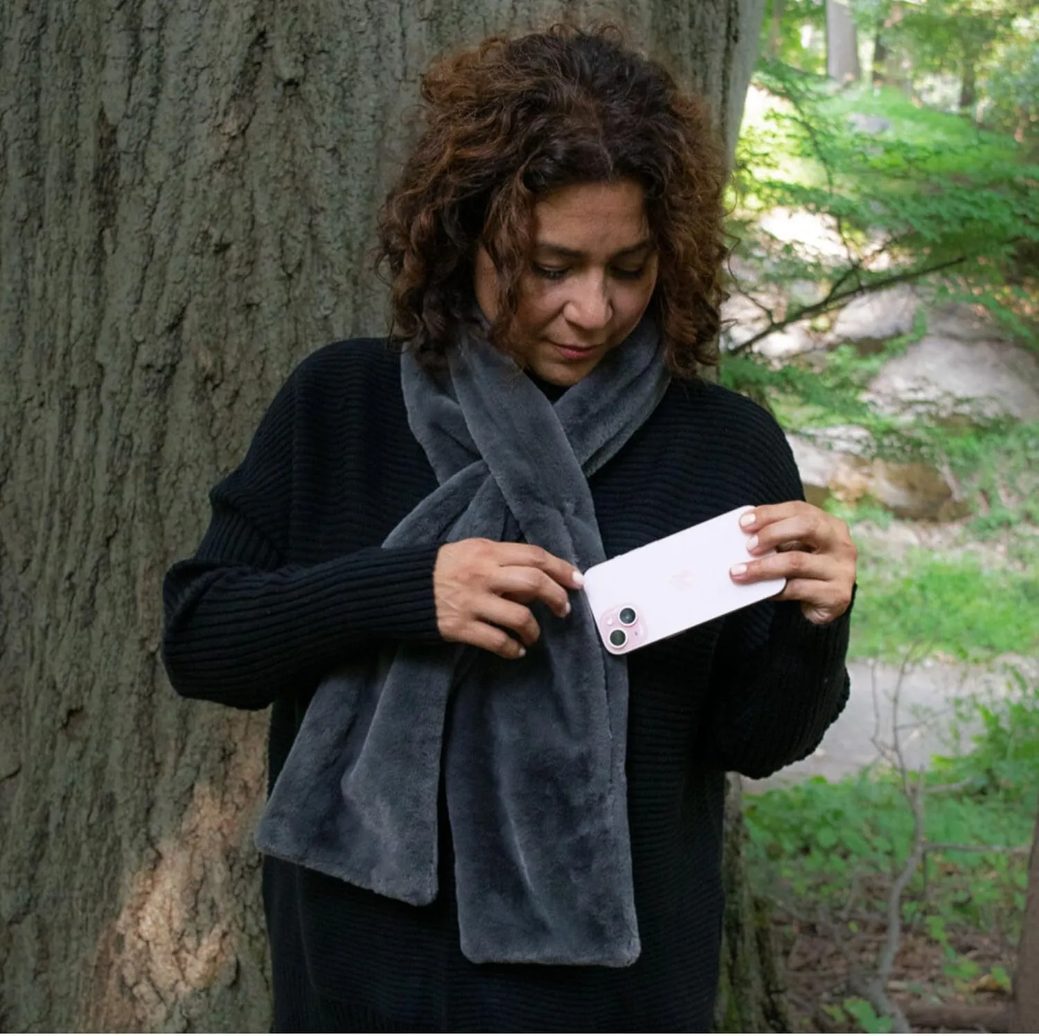Faux Fur Scarf With Hidden Zipper Pocket For Cell Phone and Valuables