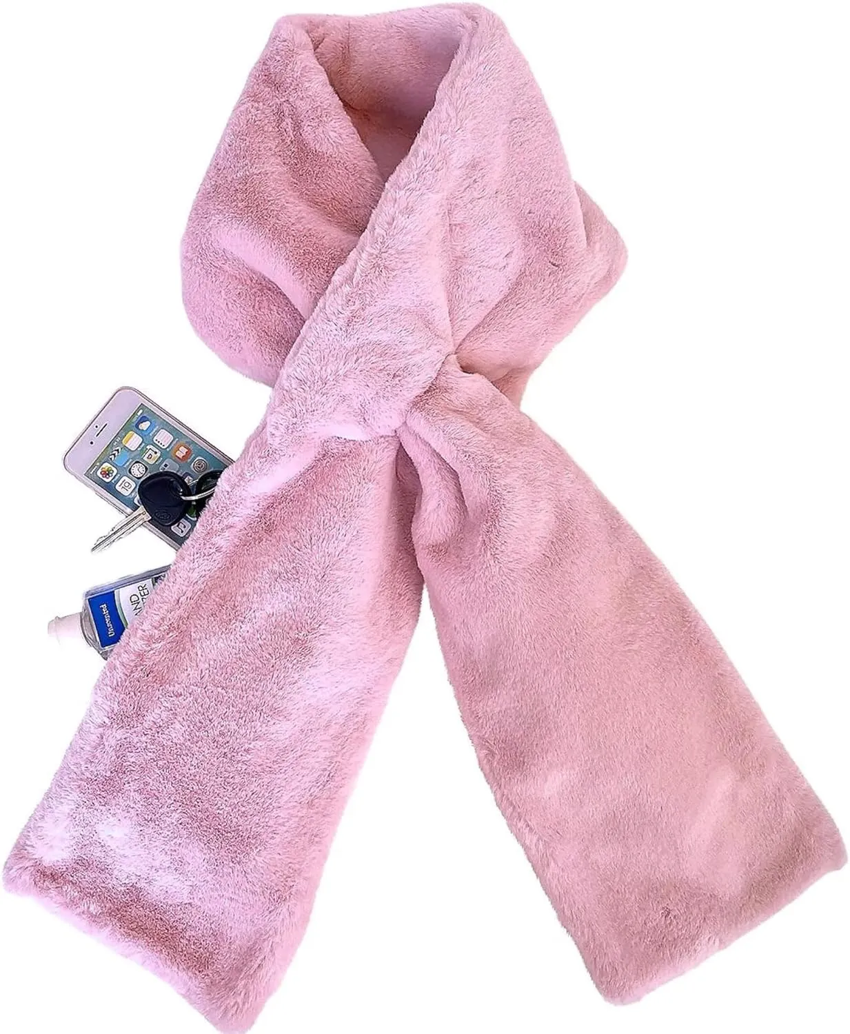 Faux Fur Scarf With Hidden Zipper Pocket For Cell Phone and Valuables