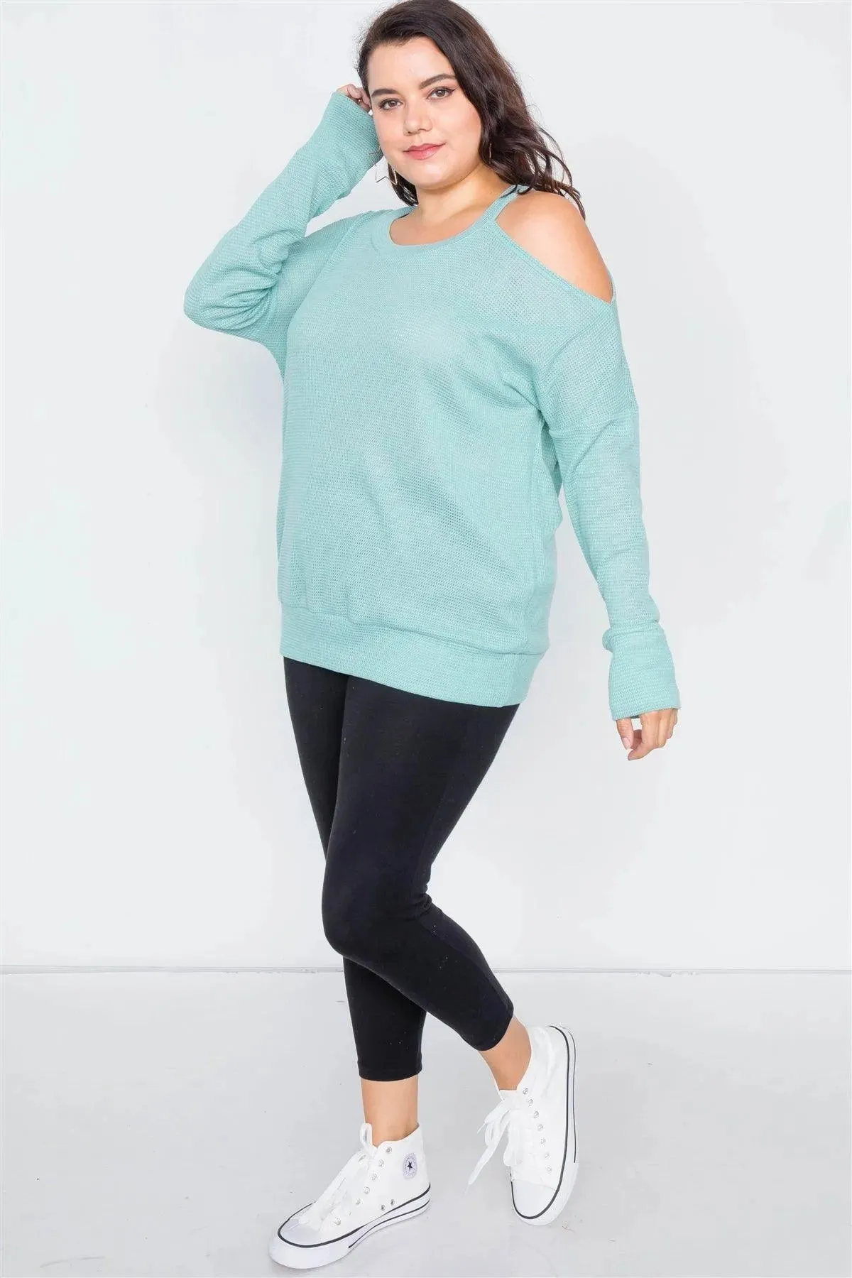 Junior Plus Size Sheer Mint Cotton Could Shoulder Sweater /2-2-2