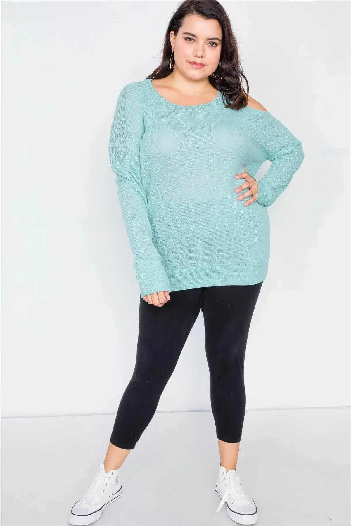 Junior Plus Size Sheer Mint Cotton Could Shoulder Sweater /2-2-2