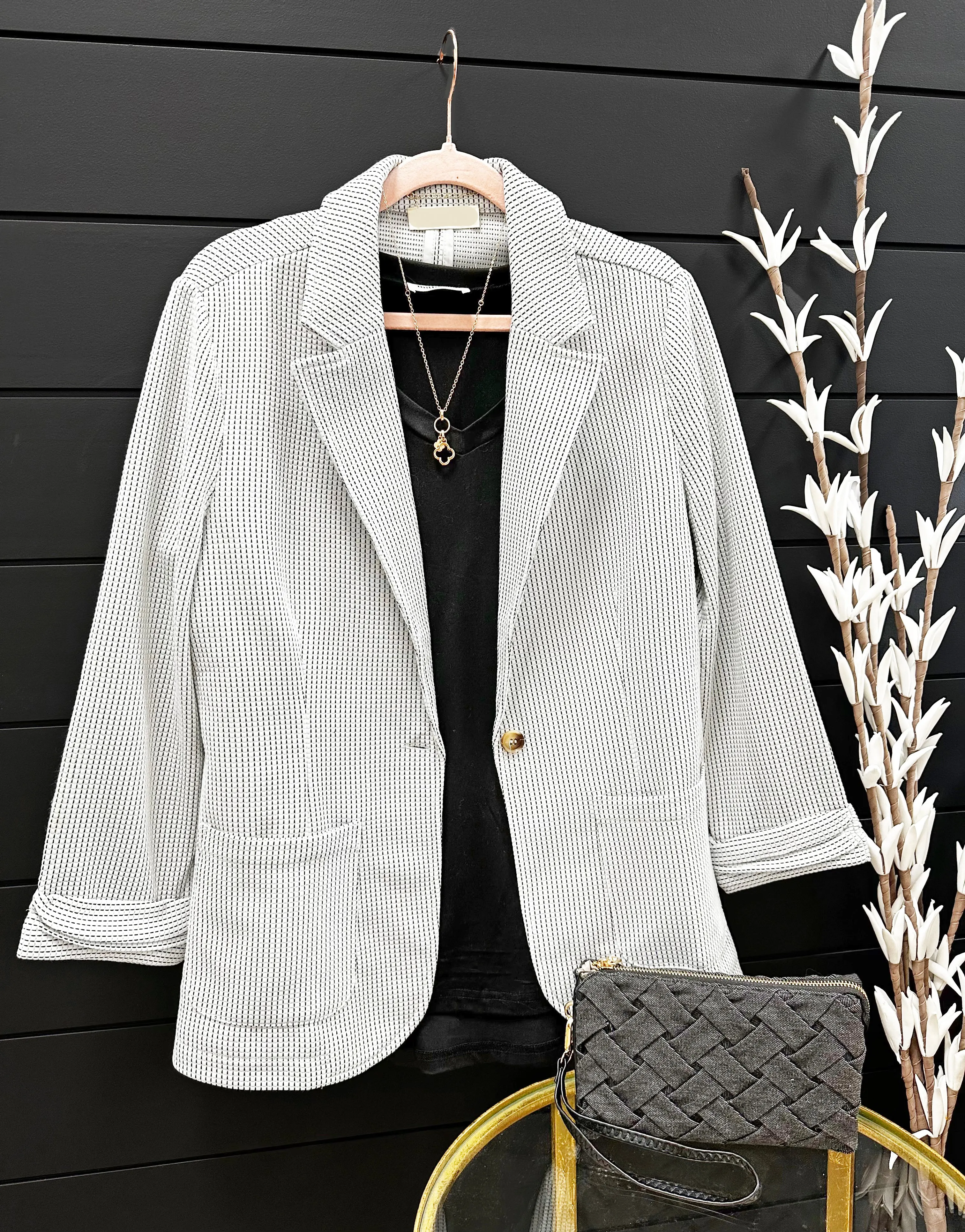 Light Gray Textured Gathered Sleeve Blazer