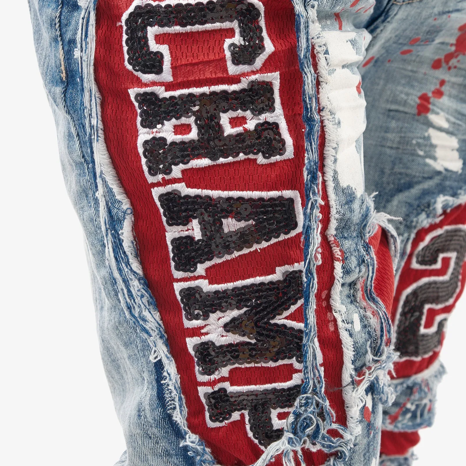 LIGHT SAND BLUE JERSEY RIP & REPAIR JEANS