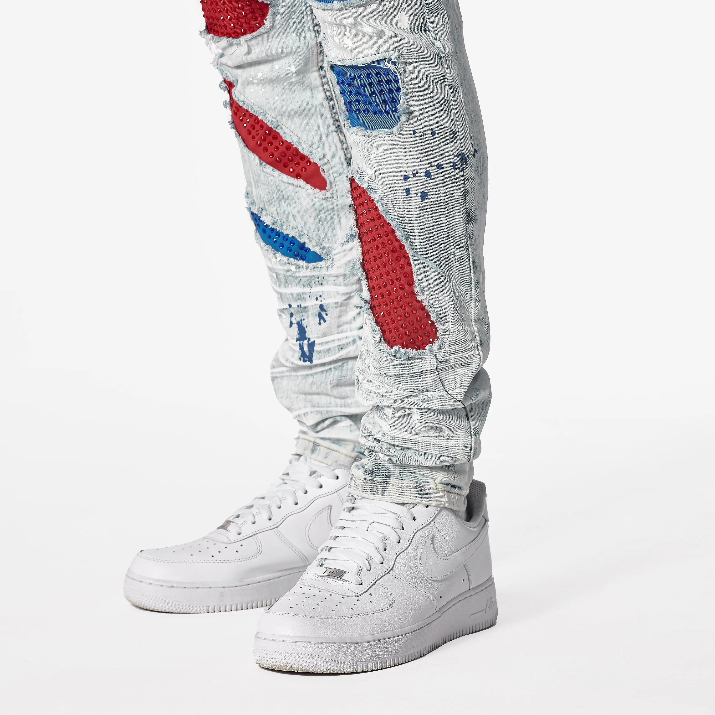 LIGHT SAND BLUE W/ RED & BLUE STONE EMBELLISH JEANS