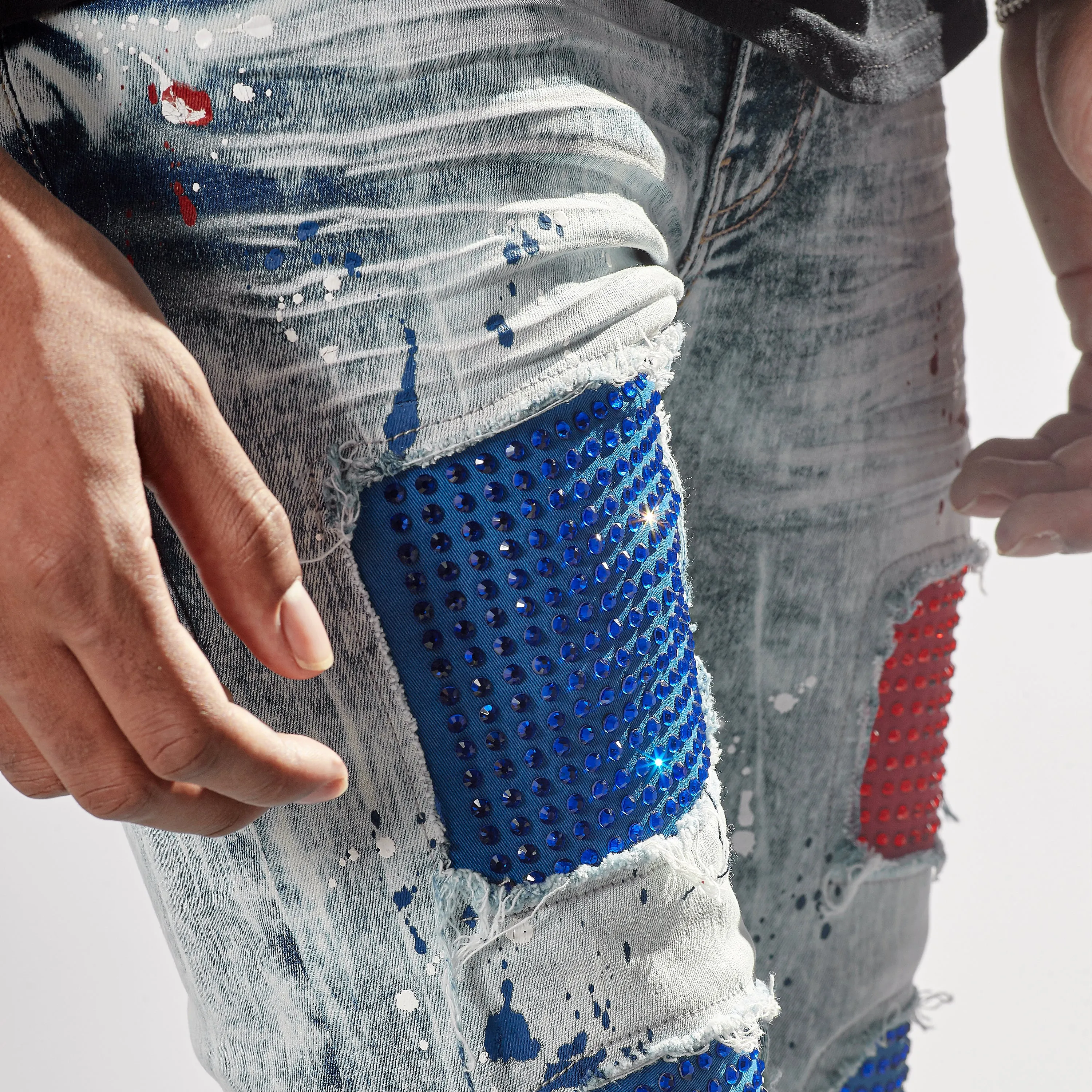 LIGHT SAND BLUE W/ RED & BLUE STONE EMBELLISH JEANS