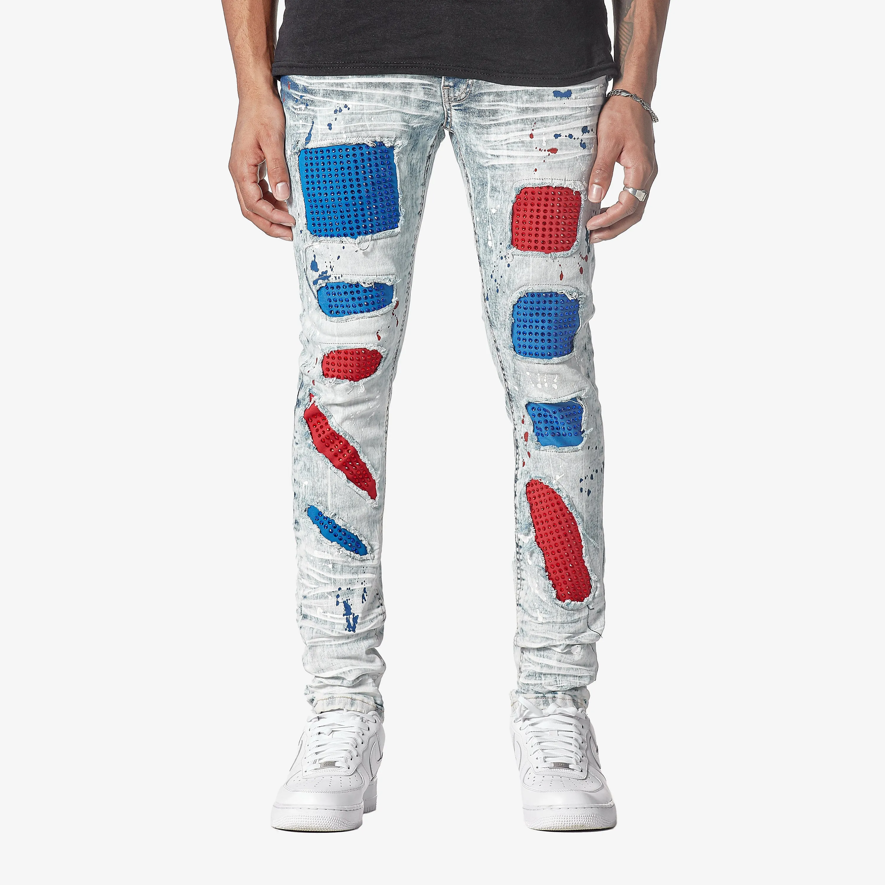 LIGHT SAND BLUE W/ RED & BLUE STONE EMBELLISH JEANS