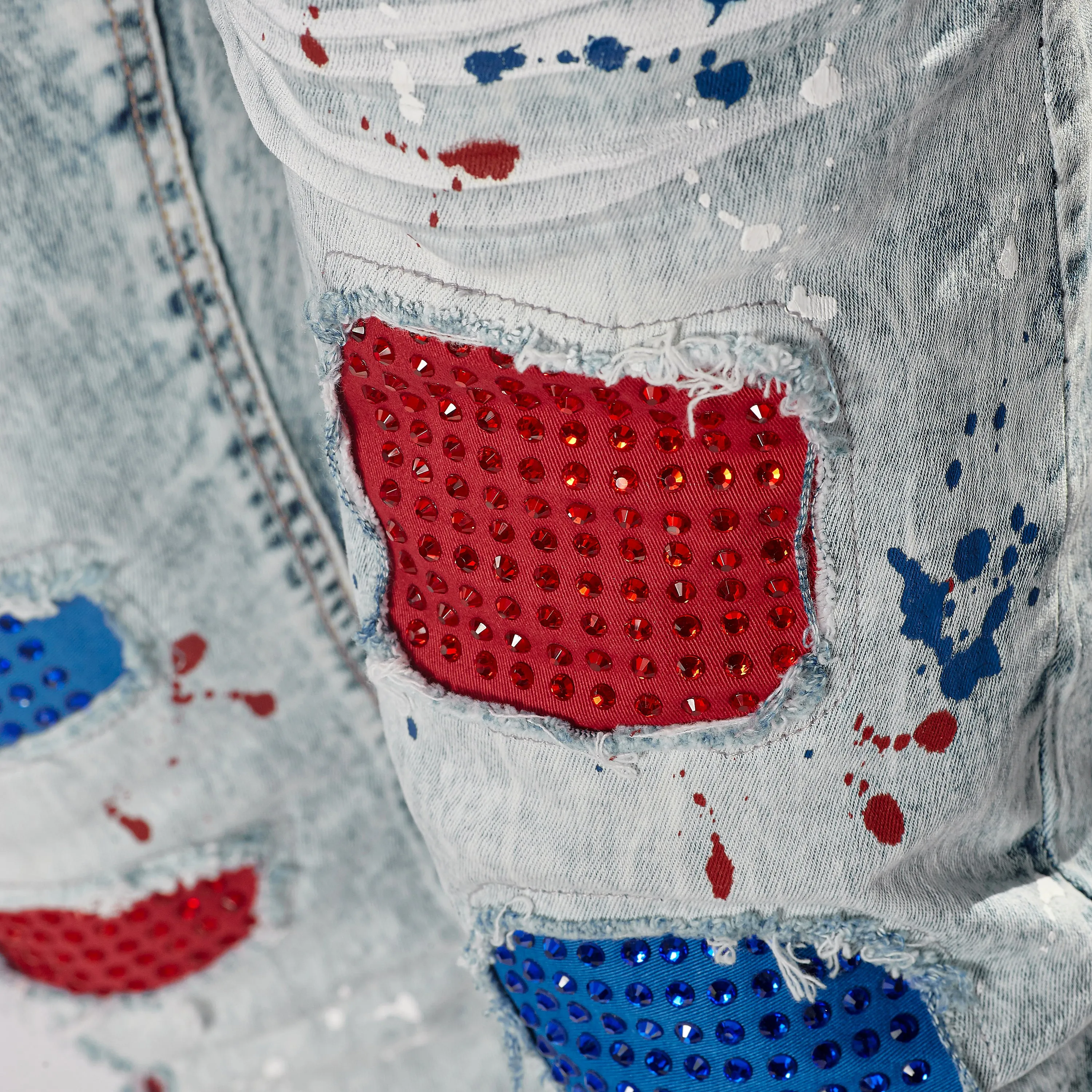 LIGHT SAND BLUE W/ RED & BLUE STONE EMBELLISH JEANS
