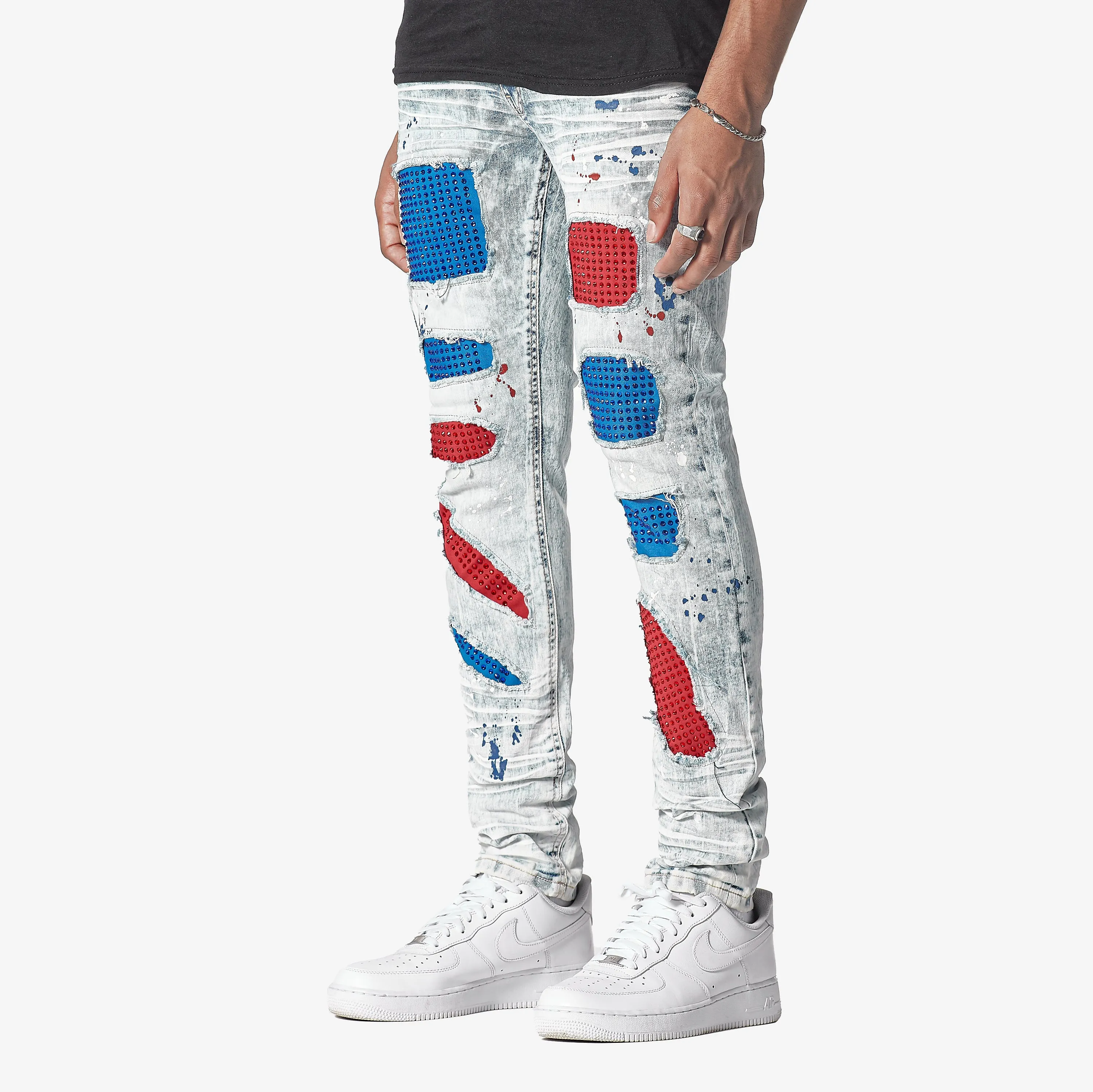 LIGHT SAND BLUE W/ RED & BLUE STONE EMBELLISH JEANS