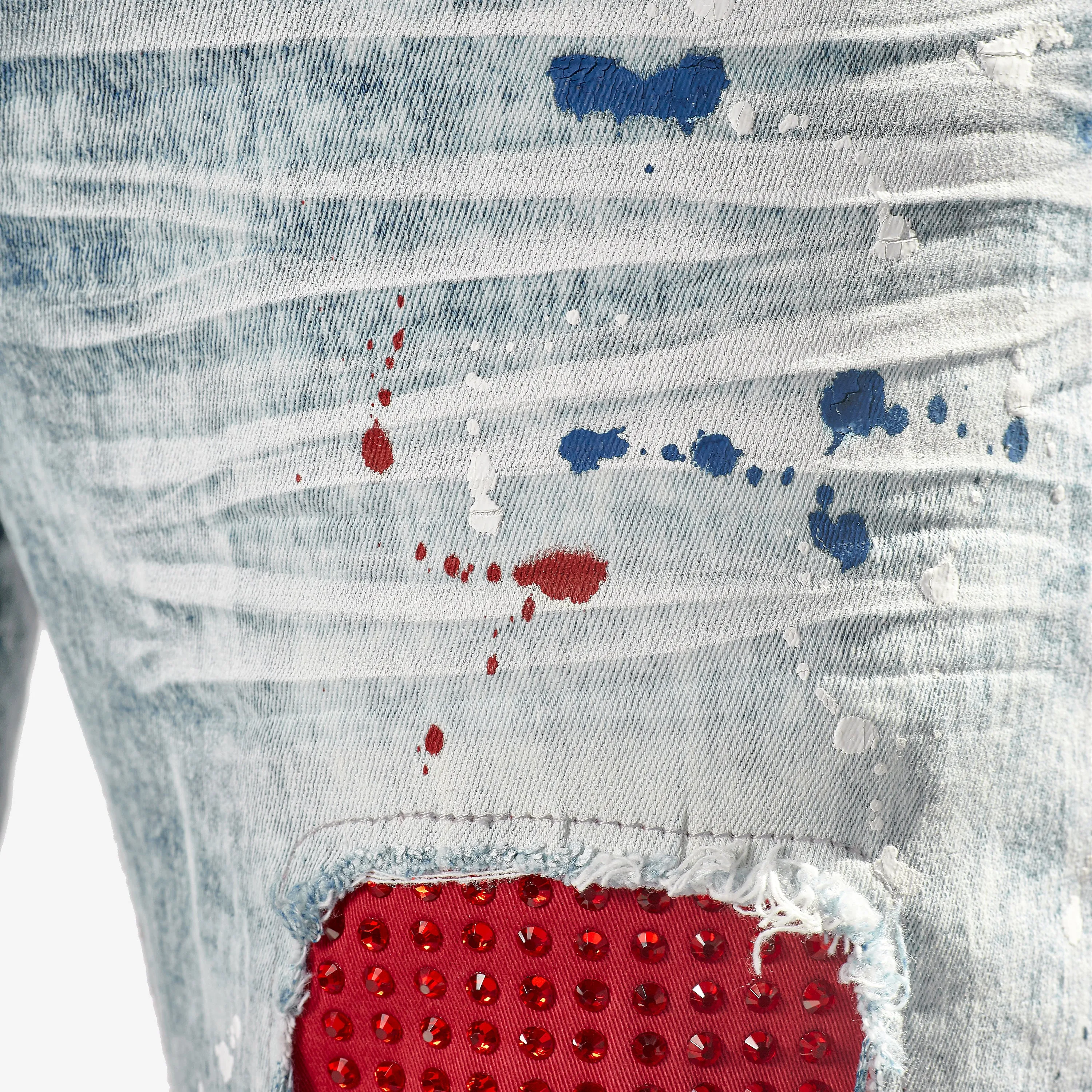 LIGHT SAND BLUE W/ RED & BLUE STONE EMBELLISH JEANS