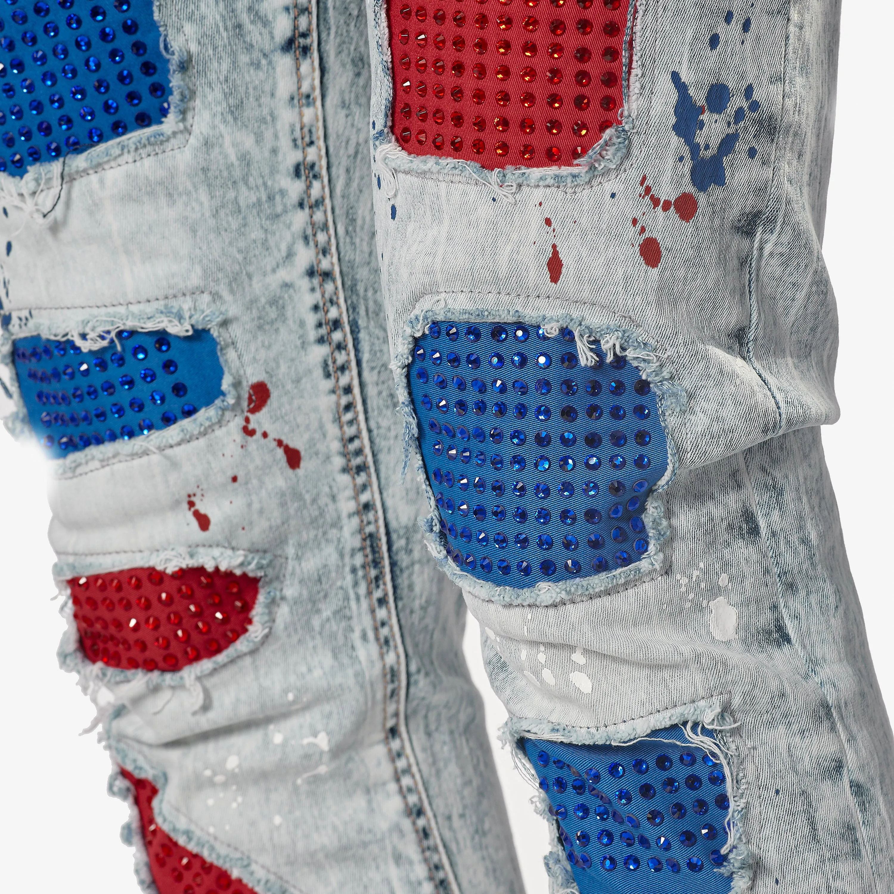 LIGHT SAND BLUE W/ RED & BLUE STONE EMBELLISH JEANS
