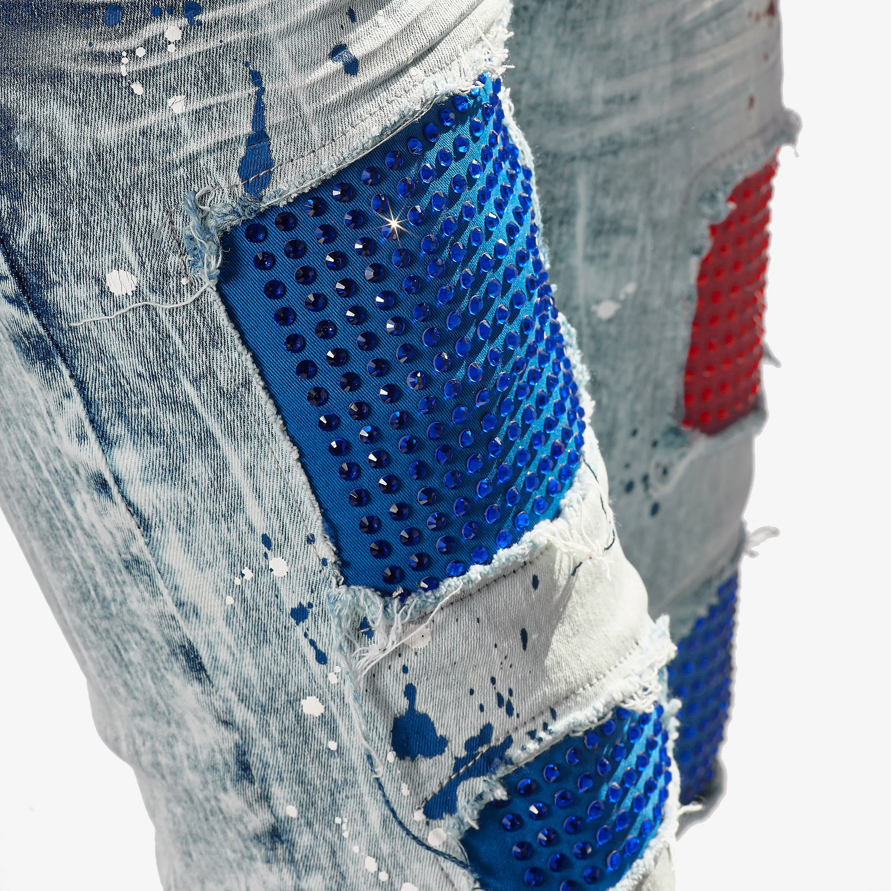 LIGHT SAND BLUE W/ RED & BLUE STONE EMBELLISH JEANS