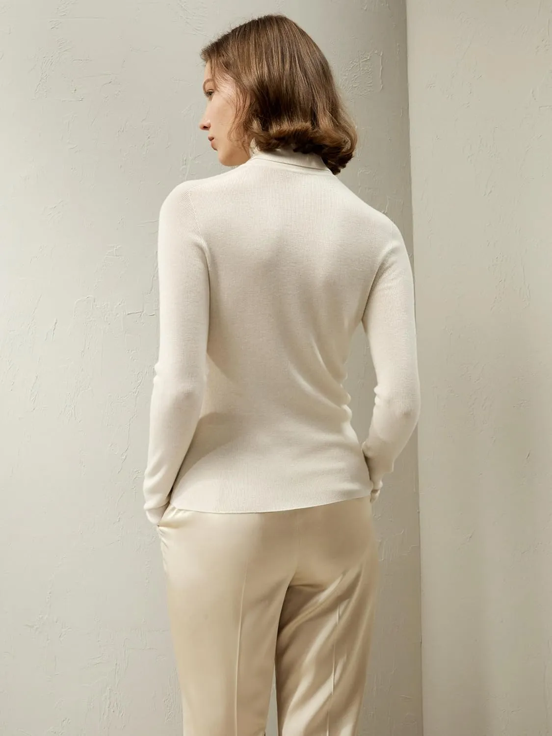 LilySilk Basic Silk Knit Sweater for Women Versatile Silk Cashmere Pullover with Slim Fit Lapel Collar Turtleneck Fall Winter