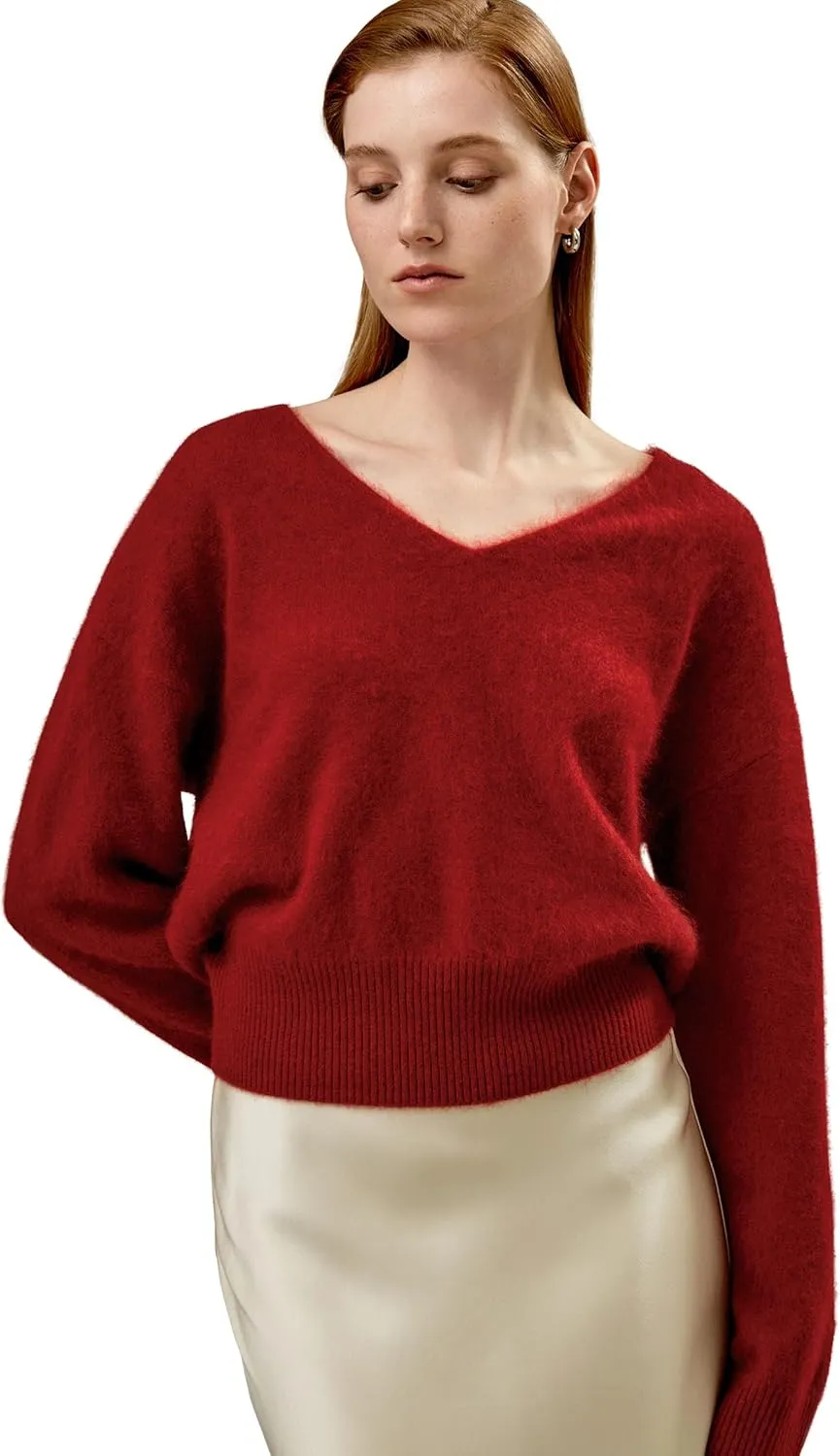 LilySilk Cropped V-Neck 100% Cashmere Sweater for Women Cinched Waist Warm Pullover for Fall Winter