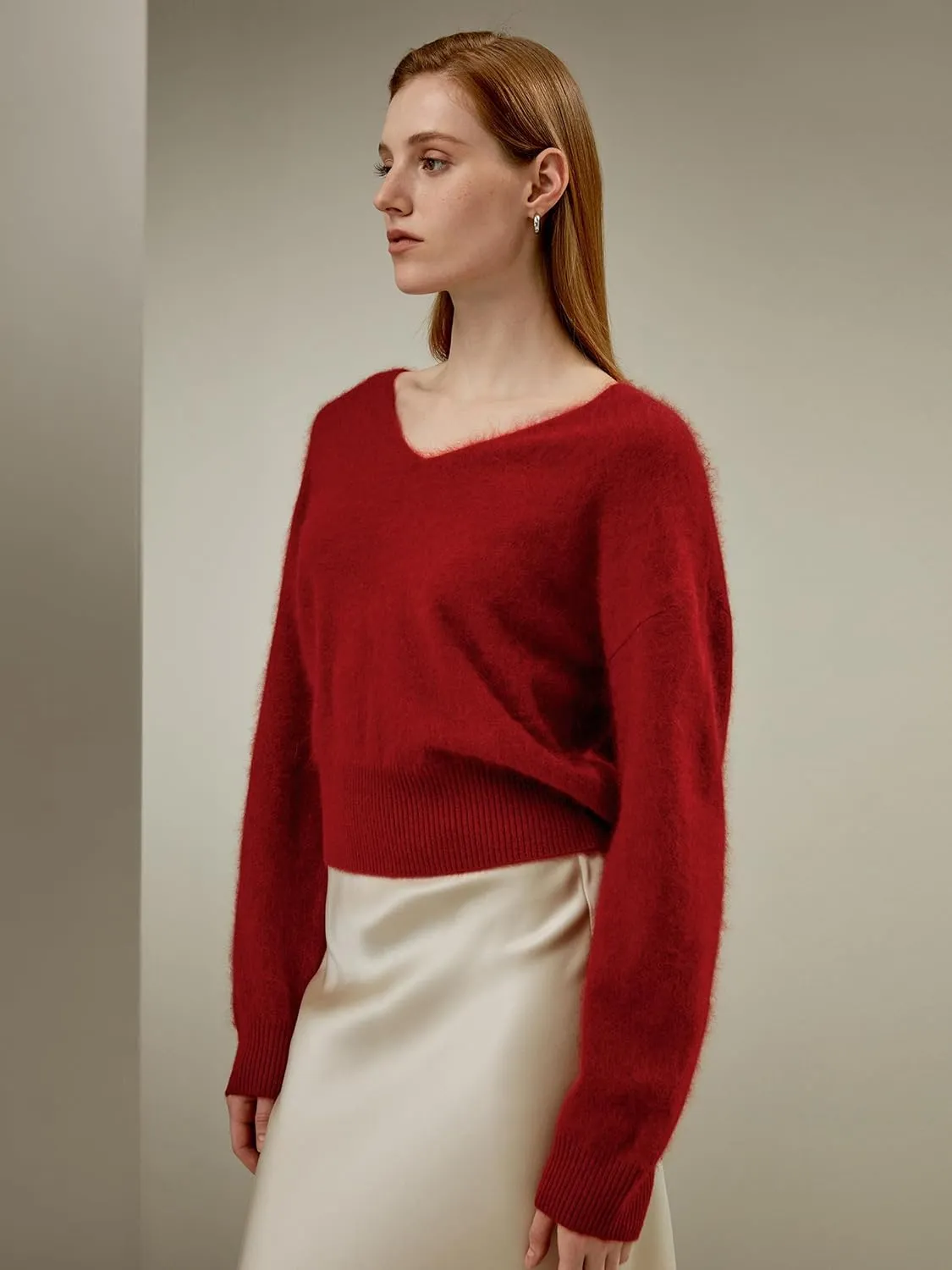 LilySilk Cropped V-Neck 100% Cashmere Sweater for Women Cinched Waist Warm Pullover for Fall Winter