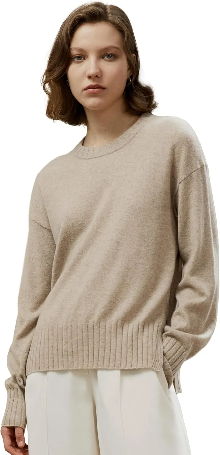 LilySilk Womens Sweater Drop-Shoulder 100% Cashmere Oversized Slit Pullover with Ribbed Cuffs Hem Crewneck Fall Winter