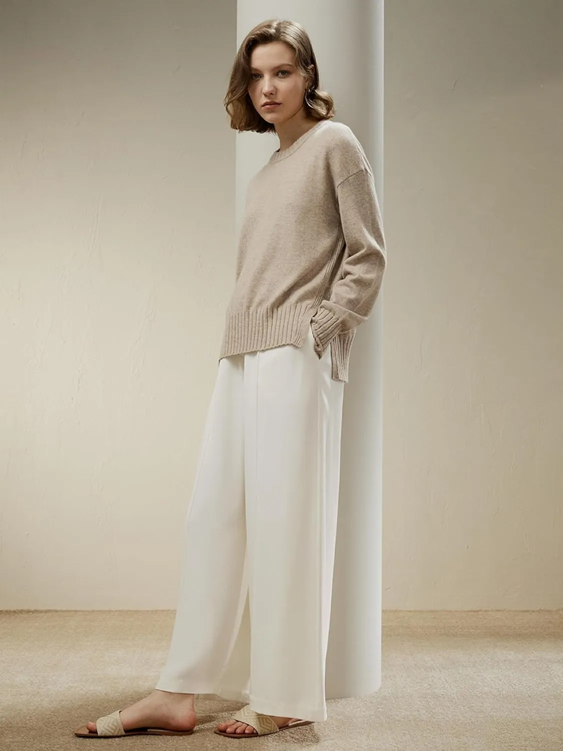 LilySilk Womens Sweater Drop-Shoulder 100% Cashmere Oversized Slit Pullover with Ribbed Cuffs Hem Crewneck Fall Winter