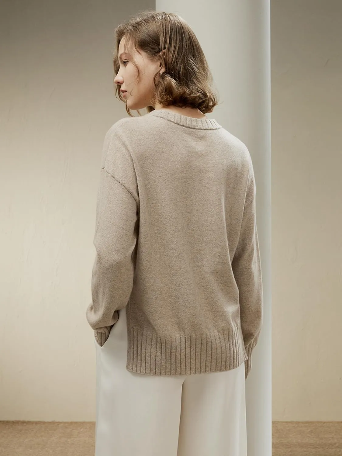 LilySilk Womens Sweater Drop-Shoulder 100% Cashmere Oversized Slit Pullover with Ribbed Cuffs Hem Crewneck Fall Winter
