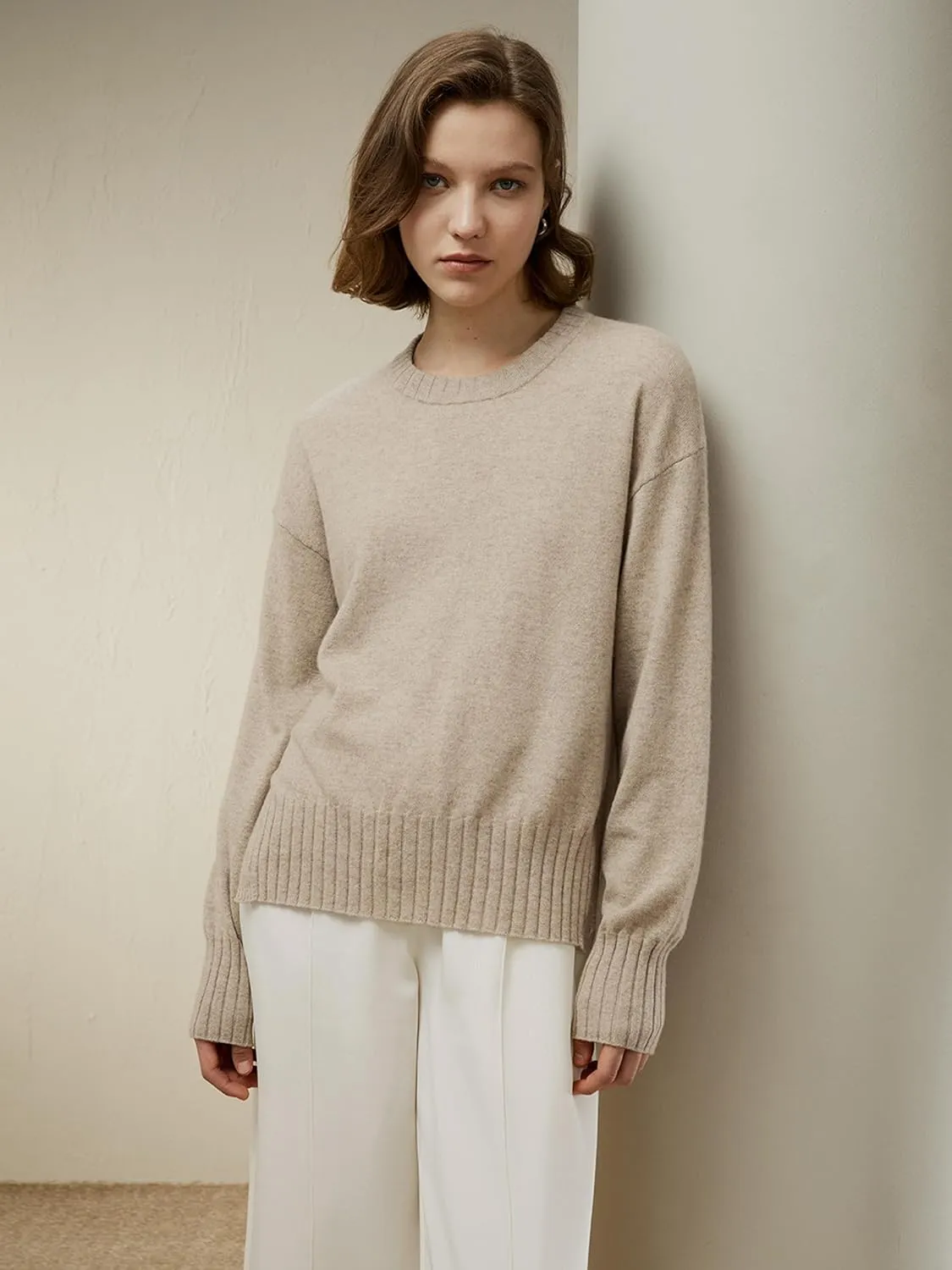 LilySilk Womens Sweater Drop-Shoulder 100% Cashmere Oversized Slit Pullover with Ribbed Cuffs Hem Crewneck Fall Winter