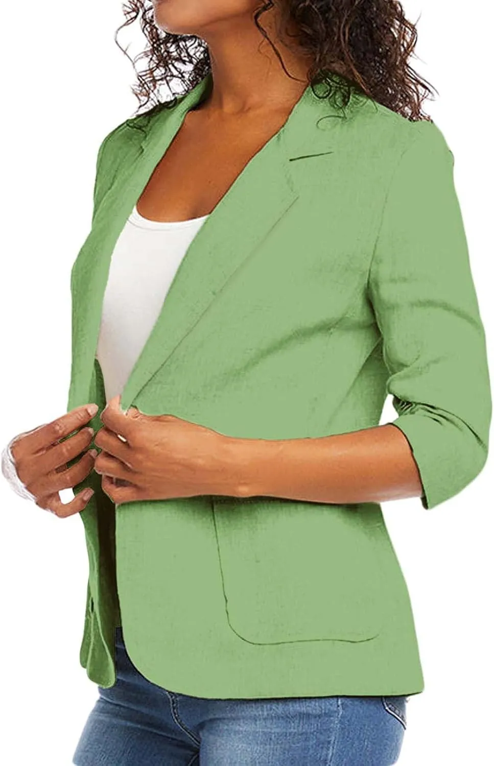 linen blazer women 3/4 Sleeve Ruched Lined Suit Stretchy Lightweight Casual Dressy Work Summer Jackets with Pockets
