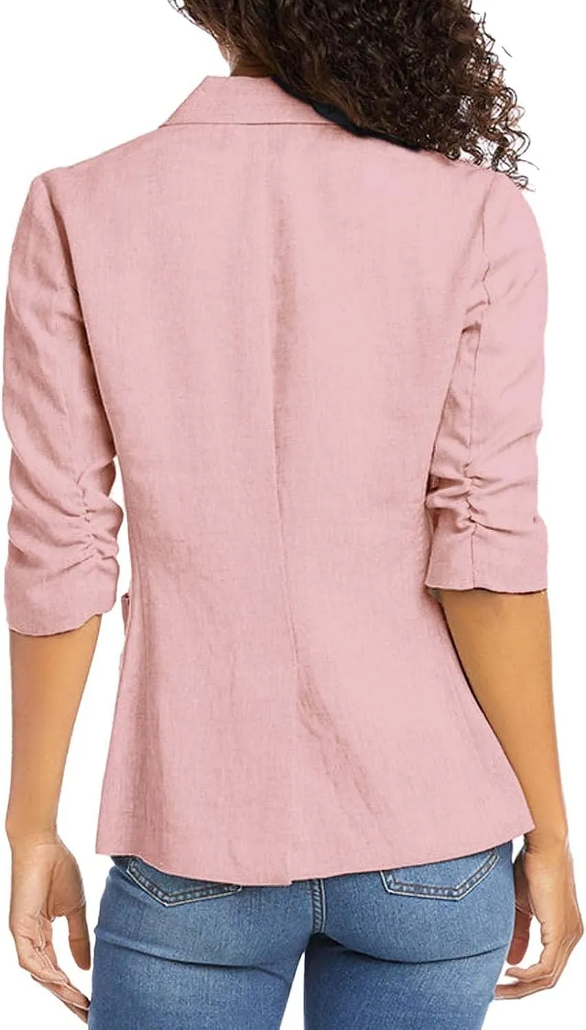 linen blazer women 3/4 Sleeve Ruched Lined Suit Stretchy Lightweight Casual Dressy Work Summer Jackets with Pockets